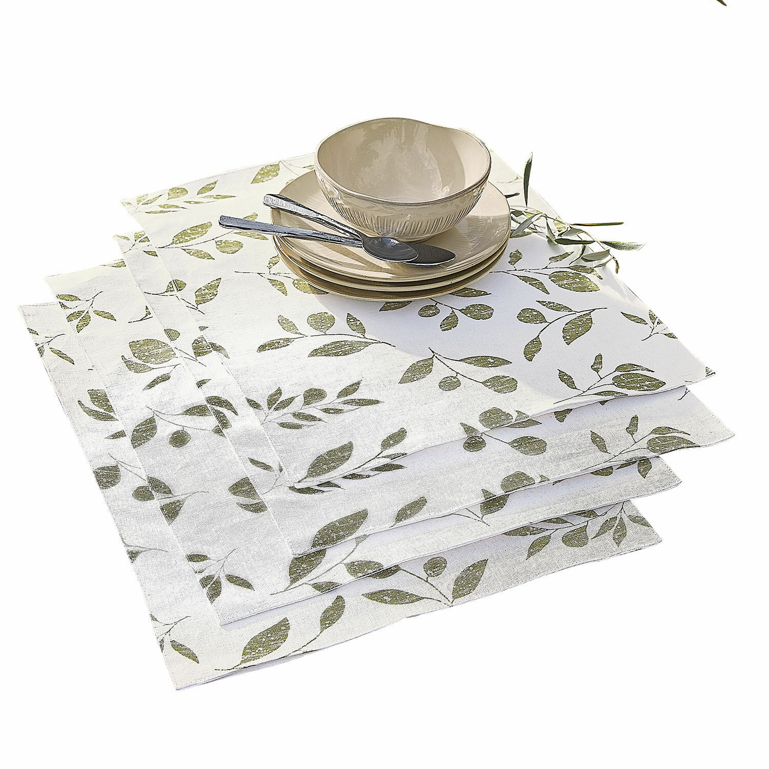 Set de 4 manteles individuales Klivento Servilletas de lino blancas con diseño de hojas verdes, decoración de mesa elegante