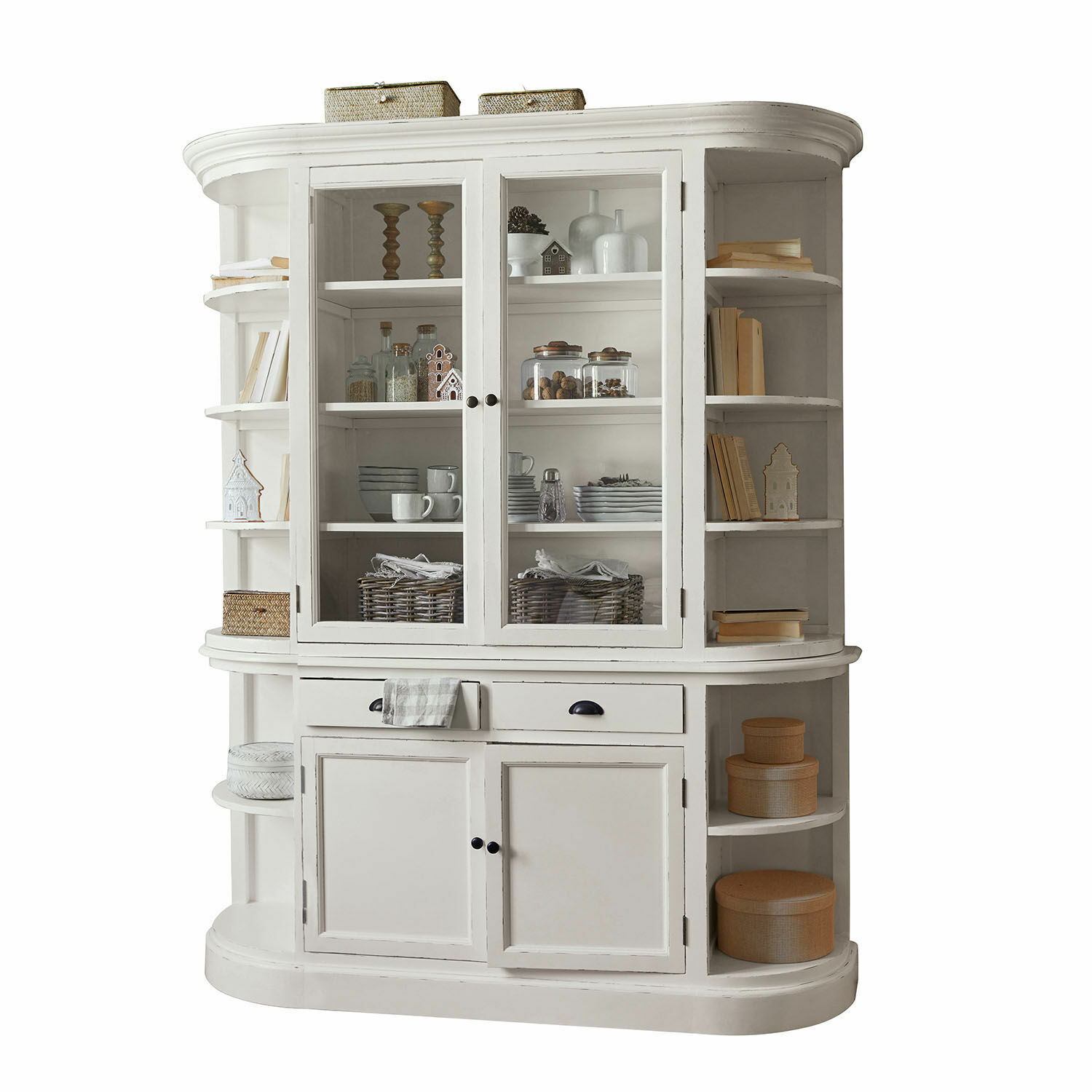 Armario Louisiana Vitrina blanca de madera con puertas de cristal y estantes para guardar vajilla y decoración