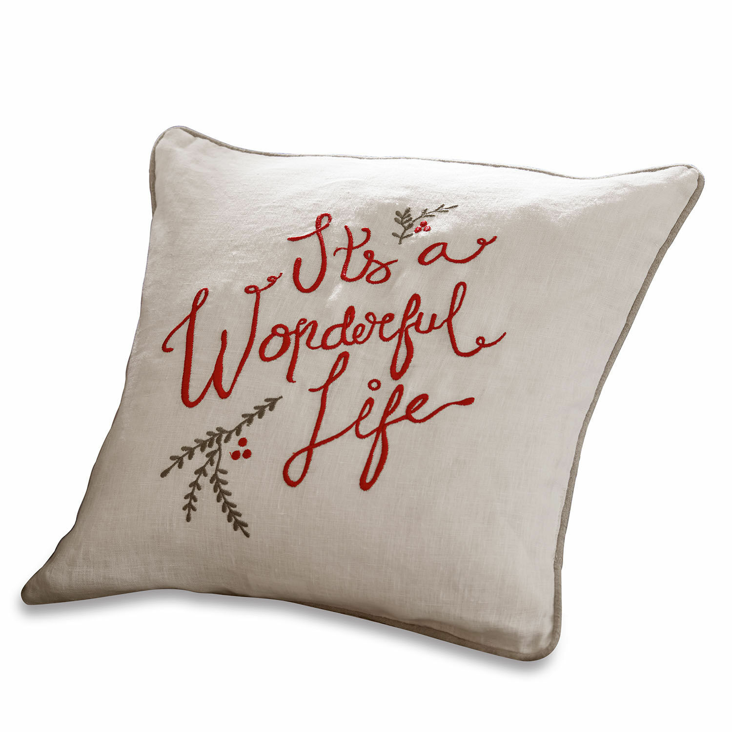 Funda de cojín Wonderful Cojín beige de lino con bordado rojo "It's a Wonderful Life" y ramas decorativas