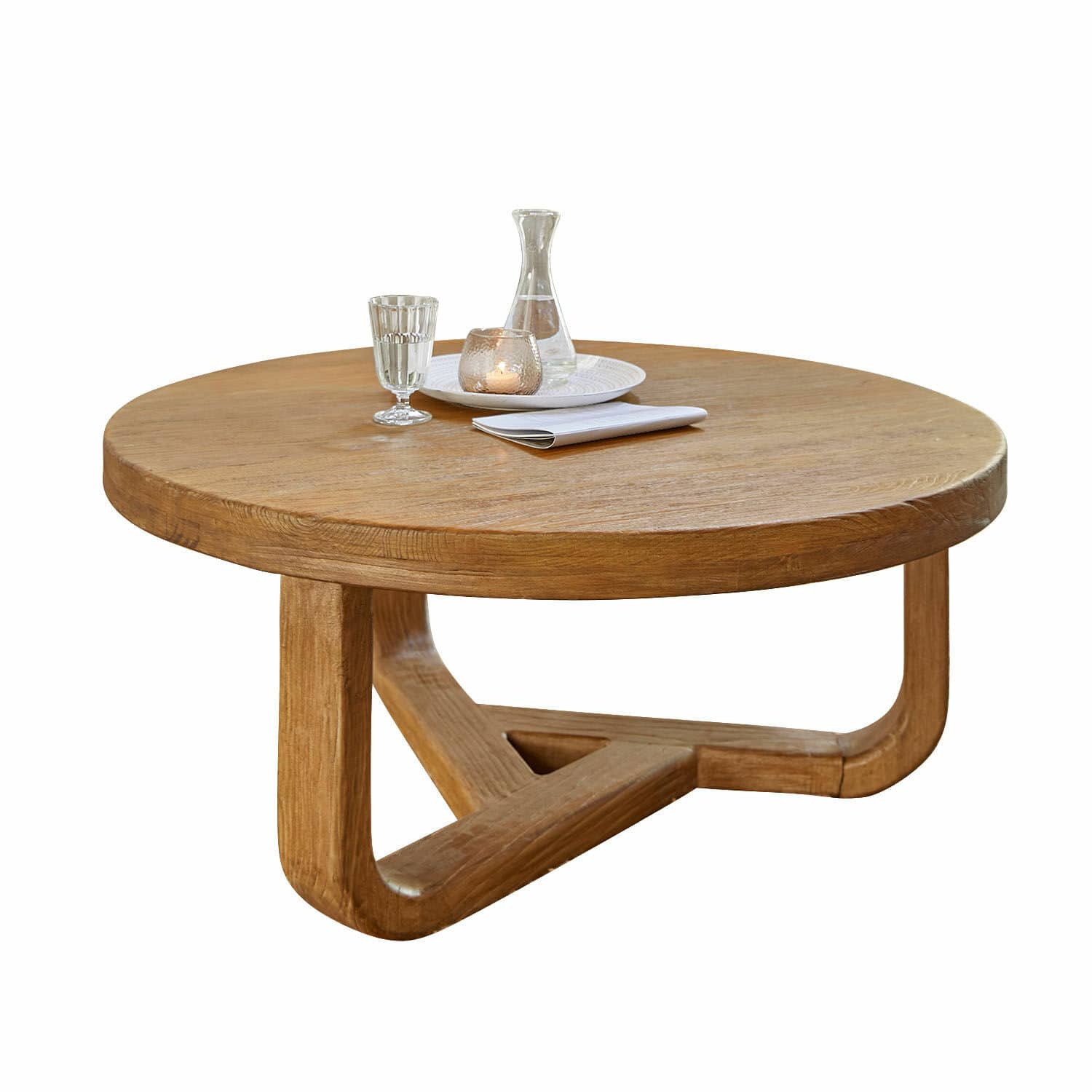 Mesa de centro Trésorique Mesa de centro redonda de madera de roble natural con base moderna de diseño en madera