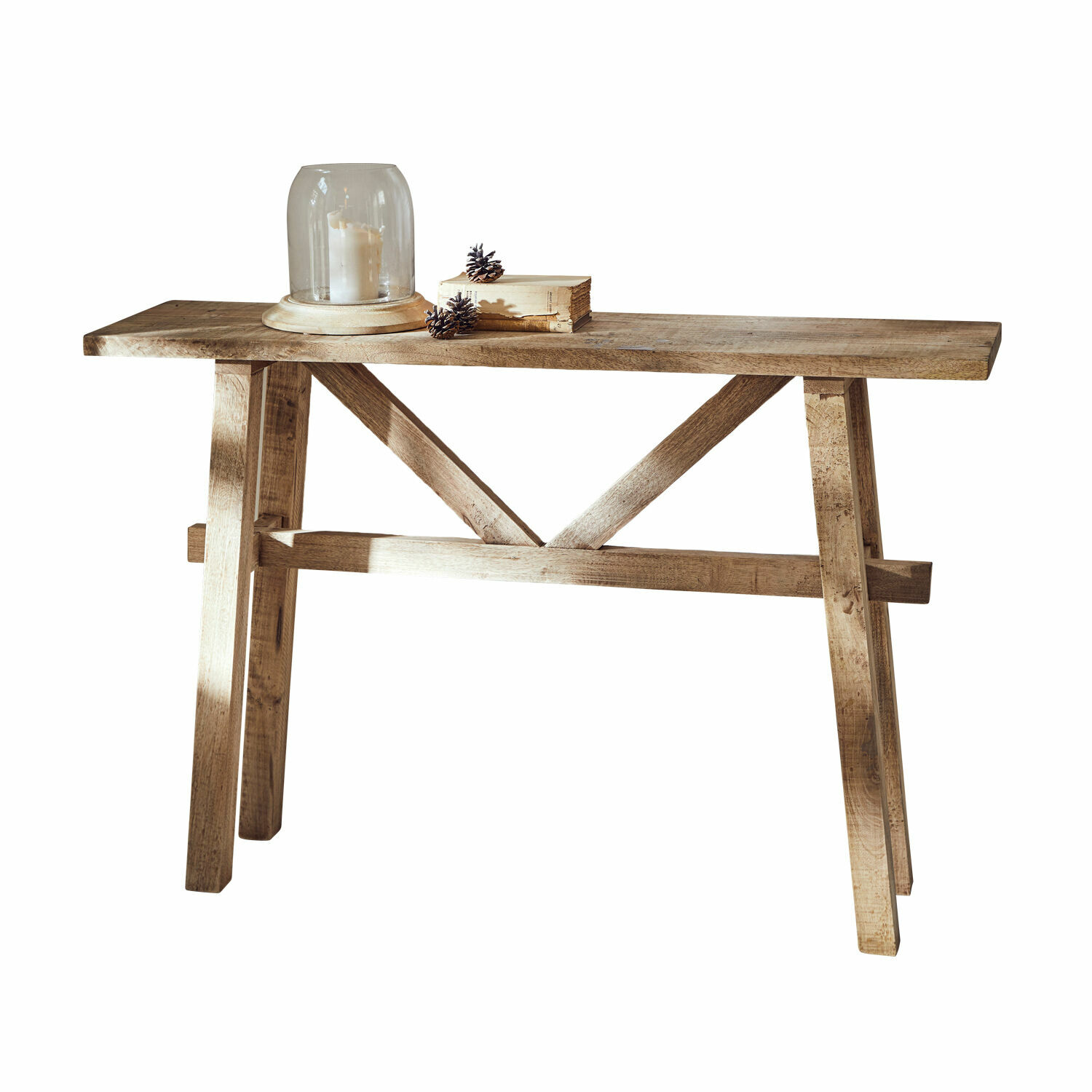 Consola Nael Mesa consola de madera natural con decoración de vela y piñas, mueble rústico para salón