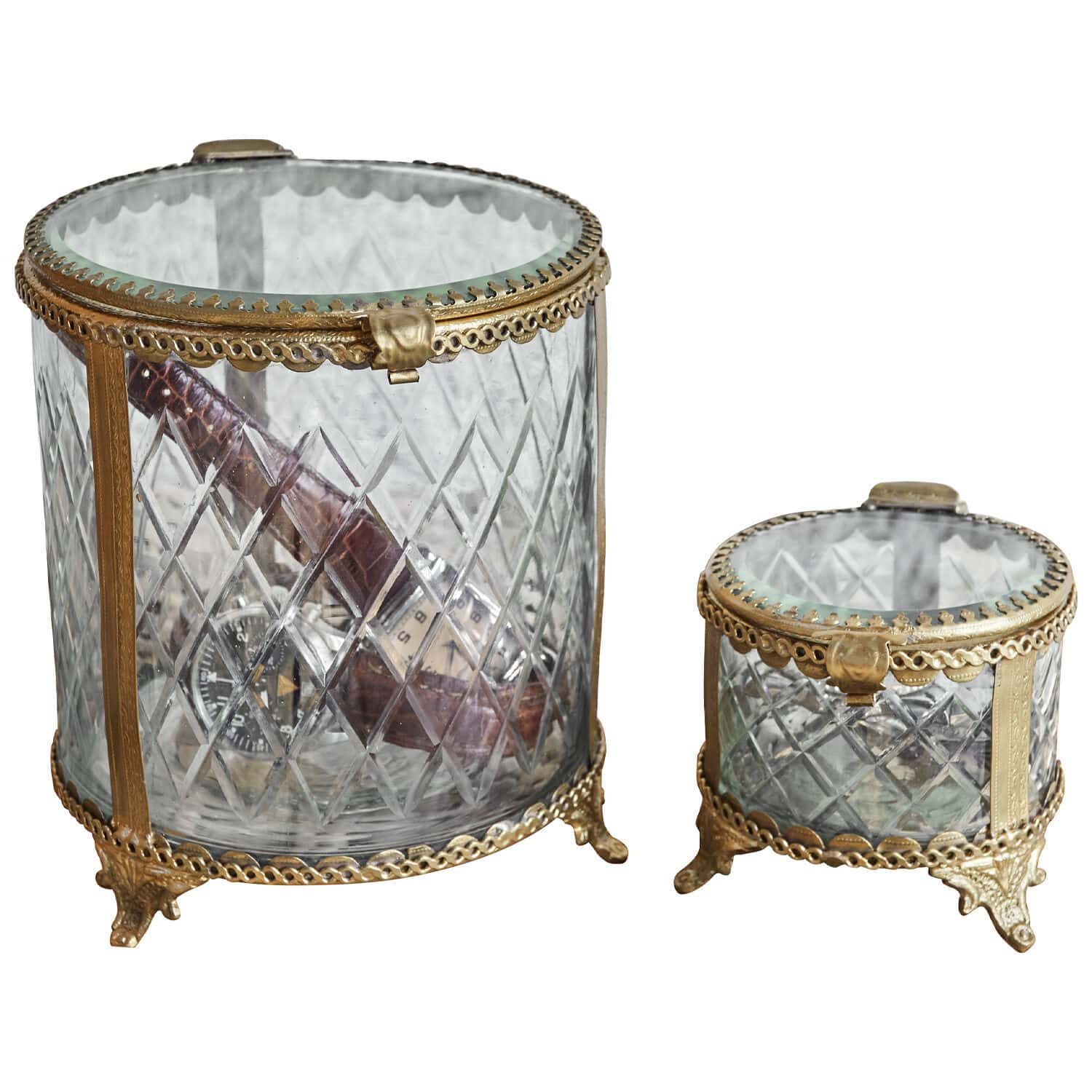 Set de 2 tarros Svelteque Conjunto de dos recipientes de vidrio con adornos de latón y patas, organizador decorativo