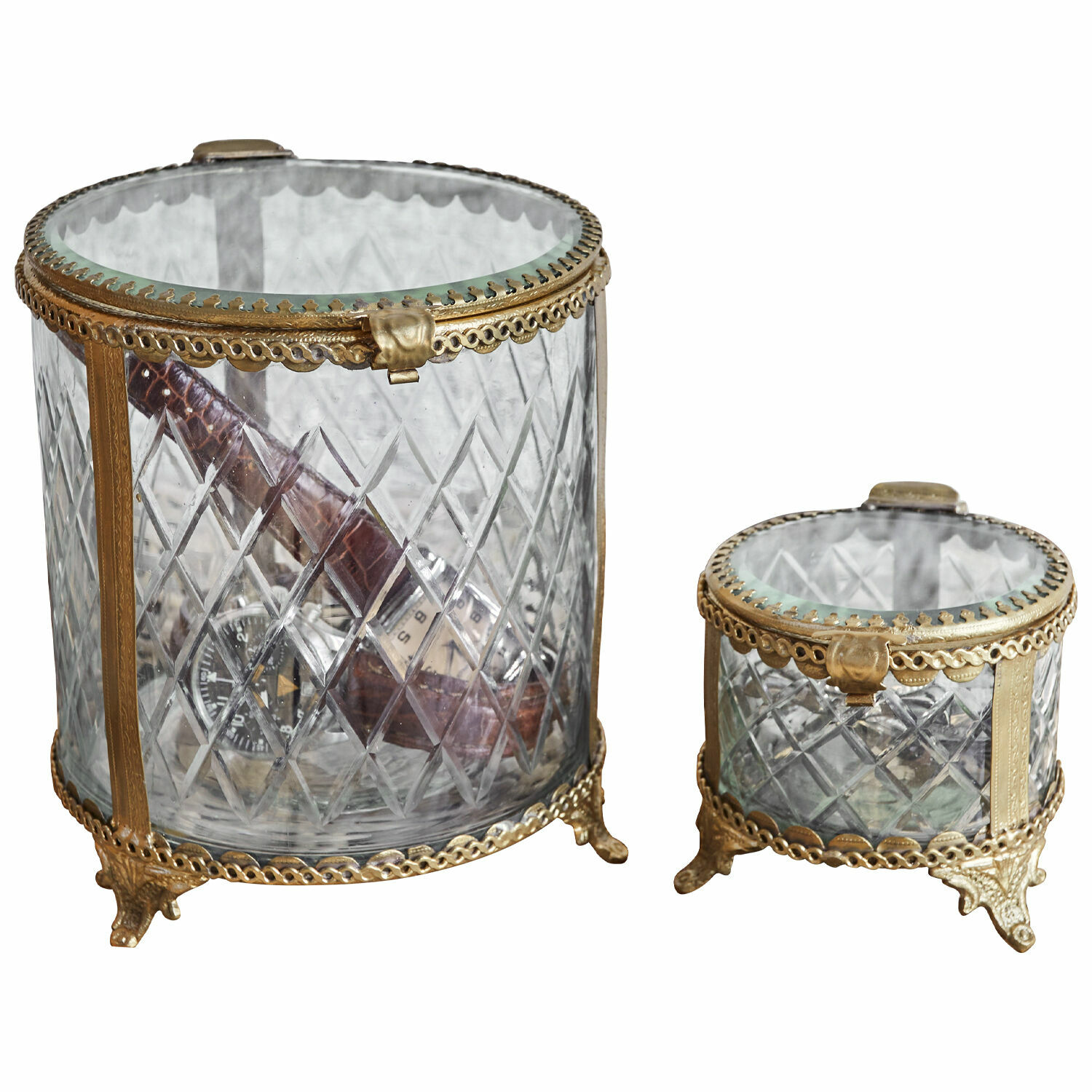 Set de 2 tarros Svelteque Conjunto de dos recipientes de vidrio con adornos de latón y patas, organizador decorativo