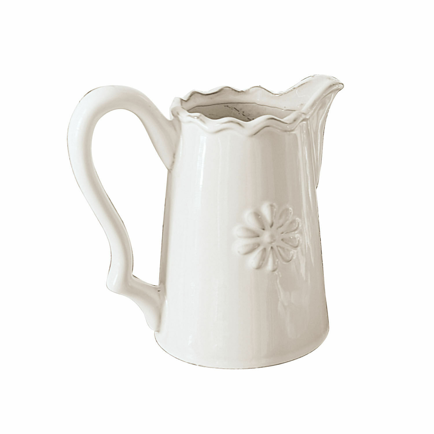 Jarra Mallevesse Jarra de cerámica blanca con diseño floral en relieve y borde ondulado para servir bebidas