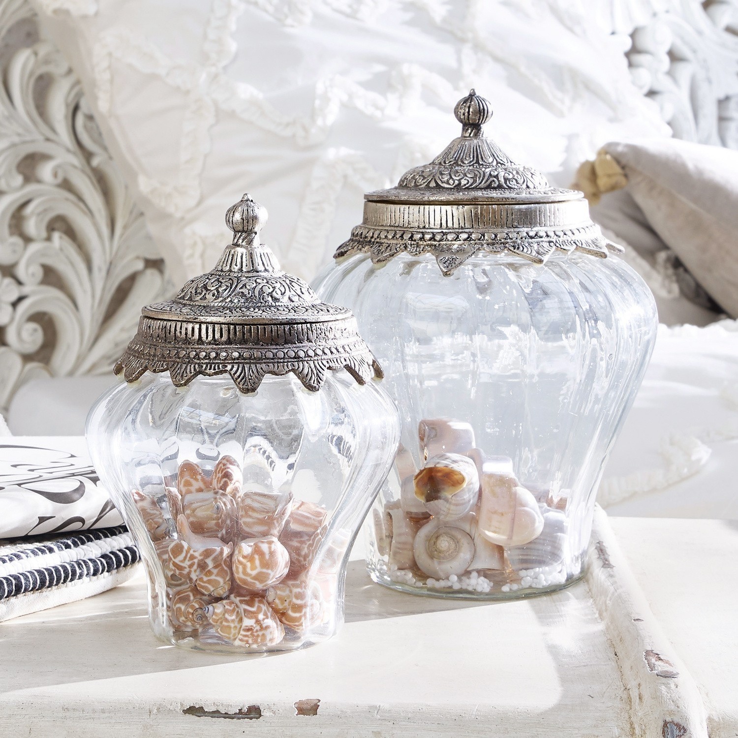 Set de 2 tarros de cristal Isaline Tarros de vidrio con tapas metálicas decorativas vintage llenos de conchas marinas
