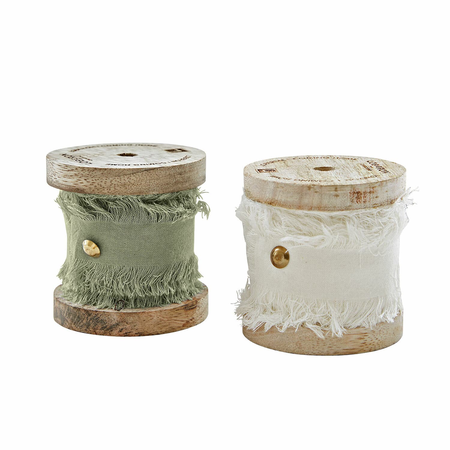 Set de dos cintas de algodón Valethor en blanco y verde claro en carretes de madera para decoración