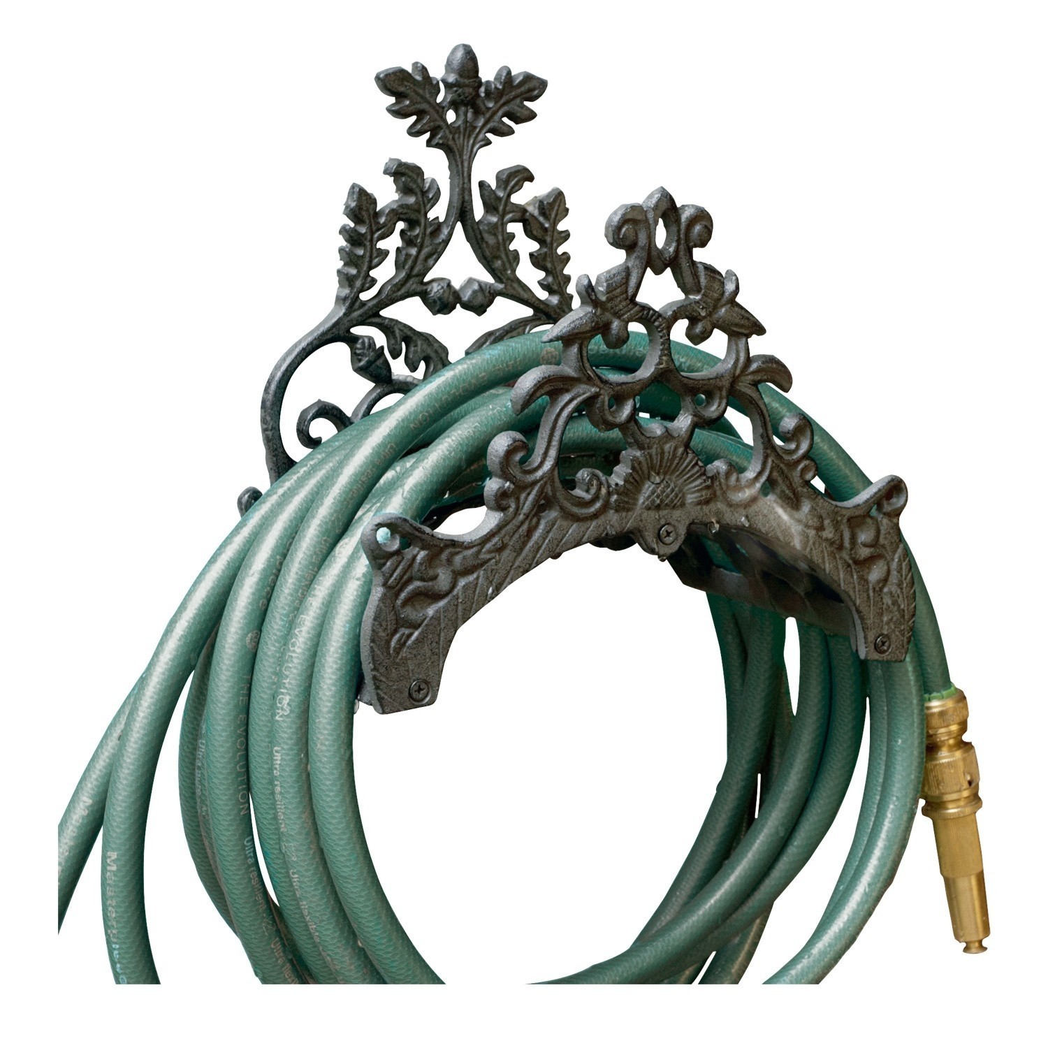 Soporte para manguera Mathis Soporte de metal decorativo para manguera de jardín verde con boquilla de latón para riego