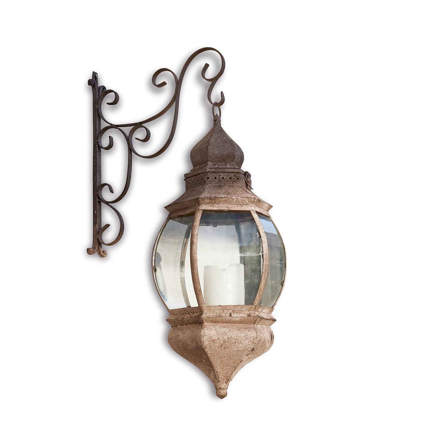 Farol Temara Farol de pared rústico de metal oxidado con cristal transparente y soporte para vela