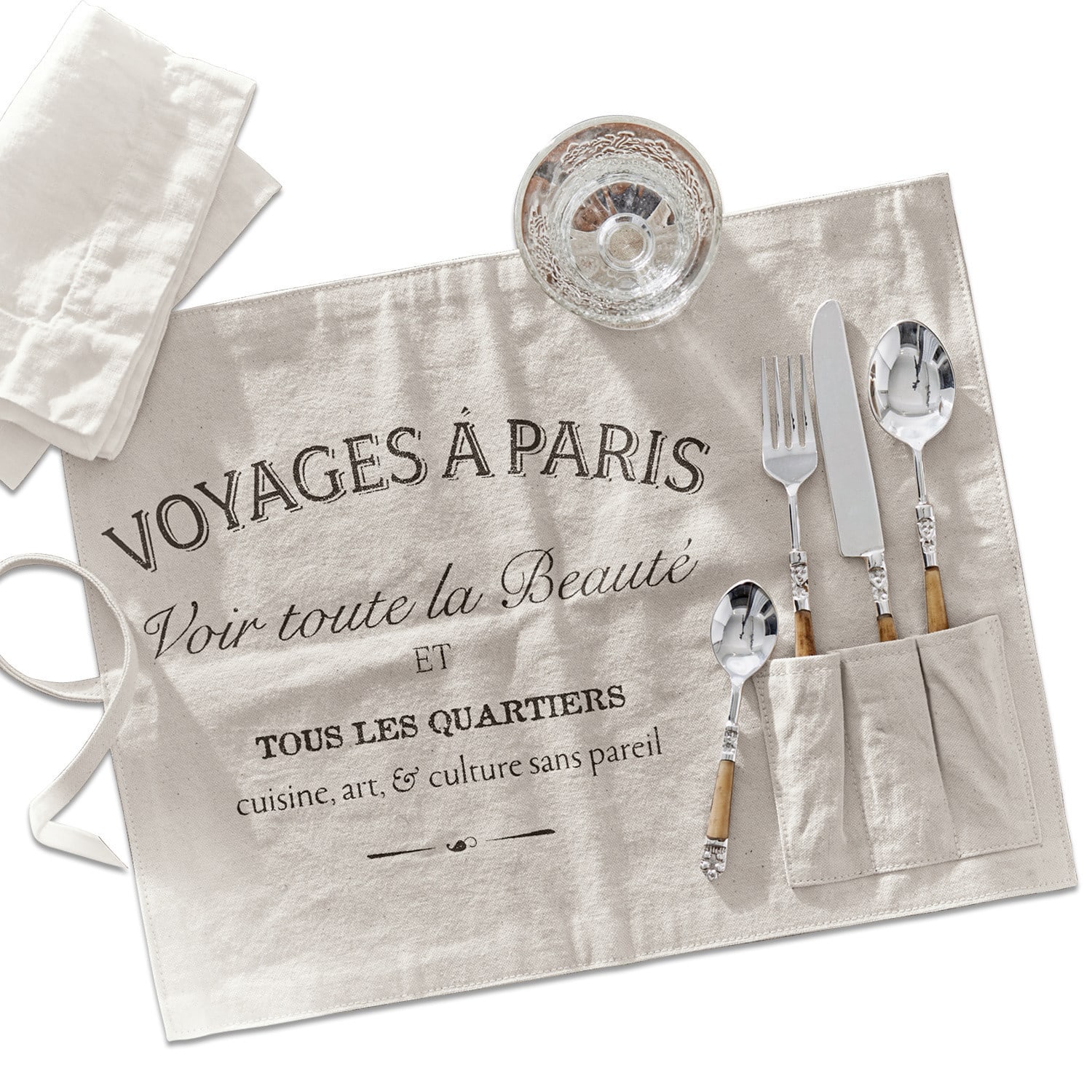 Set de 2 manteles individuales Voyage Delantal de cocina de lino beige con estampado francés y bolsillos para cubiertos, estilo rústico