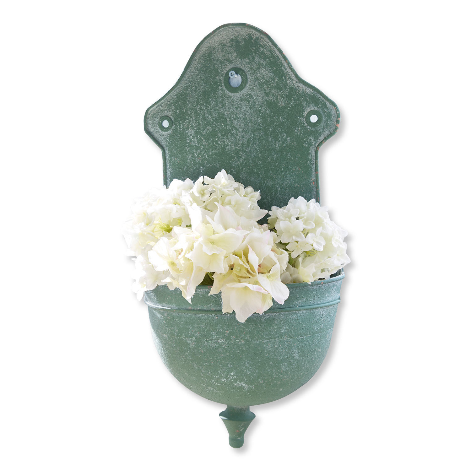 Fuente de pared Sedan Maceta de pared metálica verde con flores blancas, decoración para jardín y hogar
