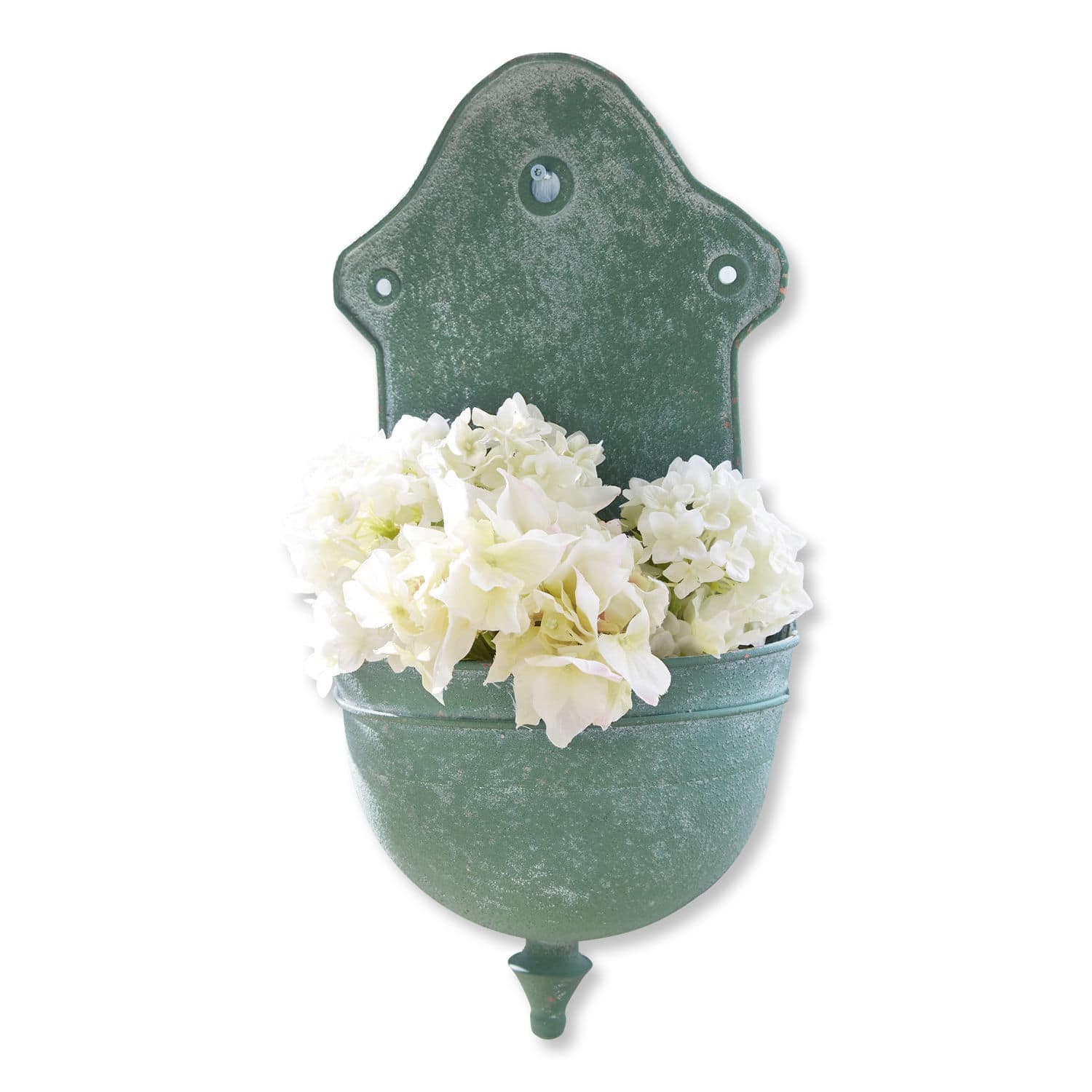 Fuente de pared Sedan Maceta de pared metálica verde con flores blancas, decoración para jardín y hogar