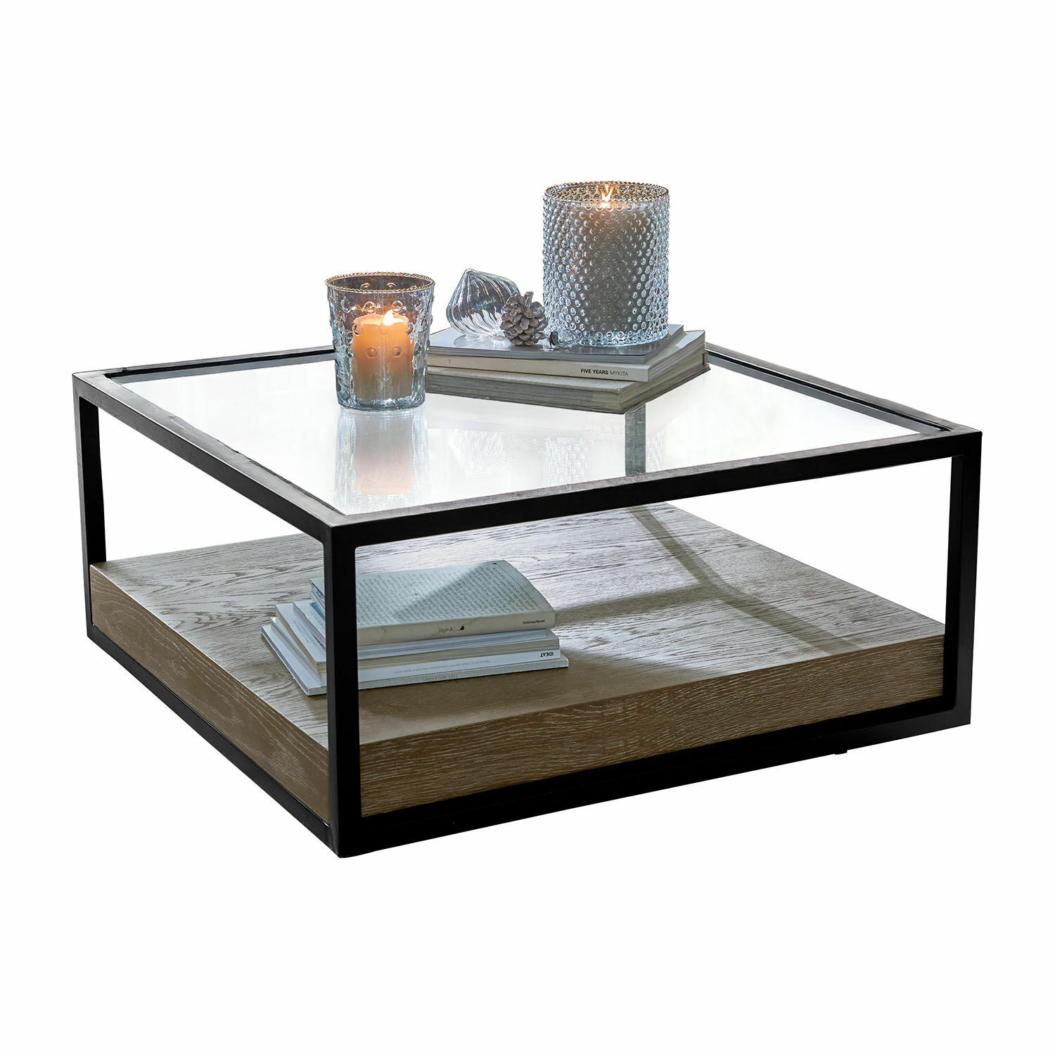 Mesa de centro Westvale Mesa de centro cuadrada con marco metálico negro, estante de madera y superficie de vidrio, diseño moderno
