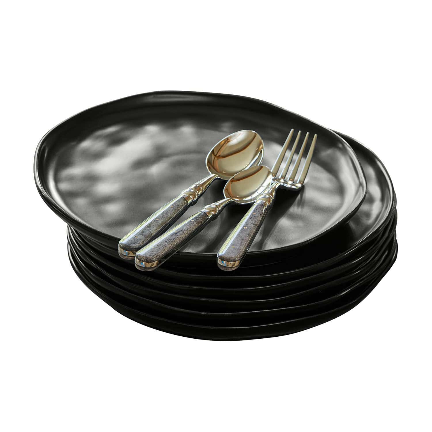 Set de 6 platos Biarré Juego de platos de cerámica negra con cubiertos metálicos y mangos grises para comedor
