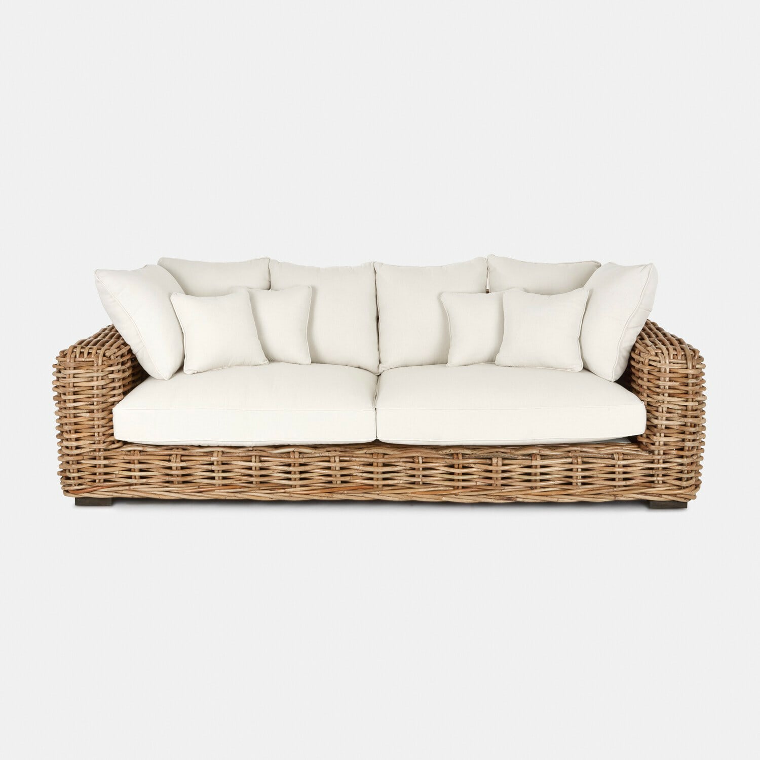 marrón/crema Sofá Rimini de ratán natural con cojines crema, mueble cómodo para salón moderno