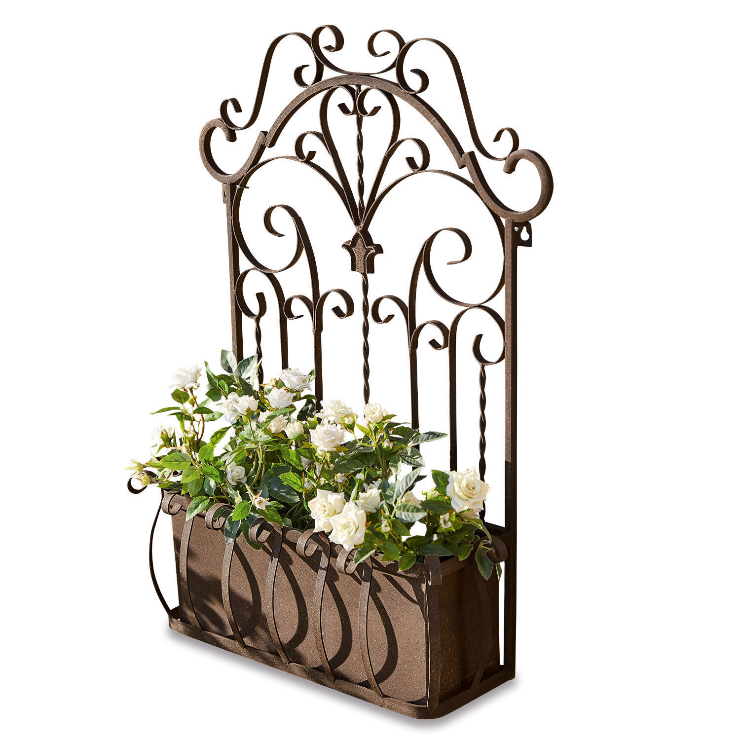 Jardinera Secourt Macetero de metal marrón con panel decorativo calado y flores blancas para jardín