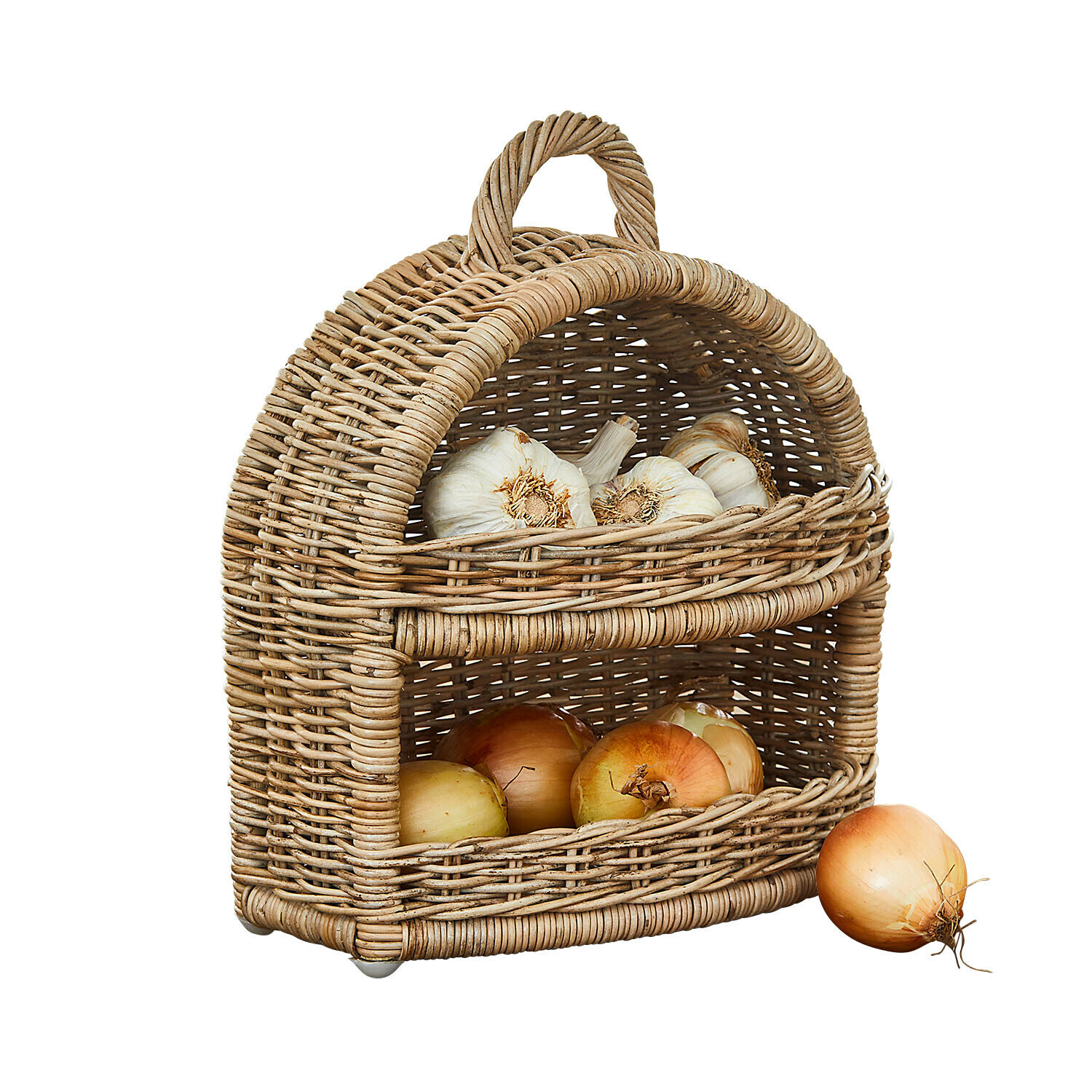 Verdulero Coudrisse Cesta de ratán natural de dos niveles con cebollas y ajos para almacenar verduras