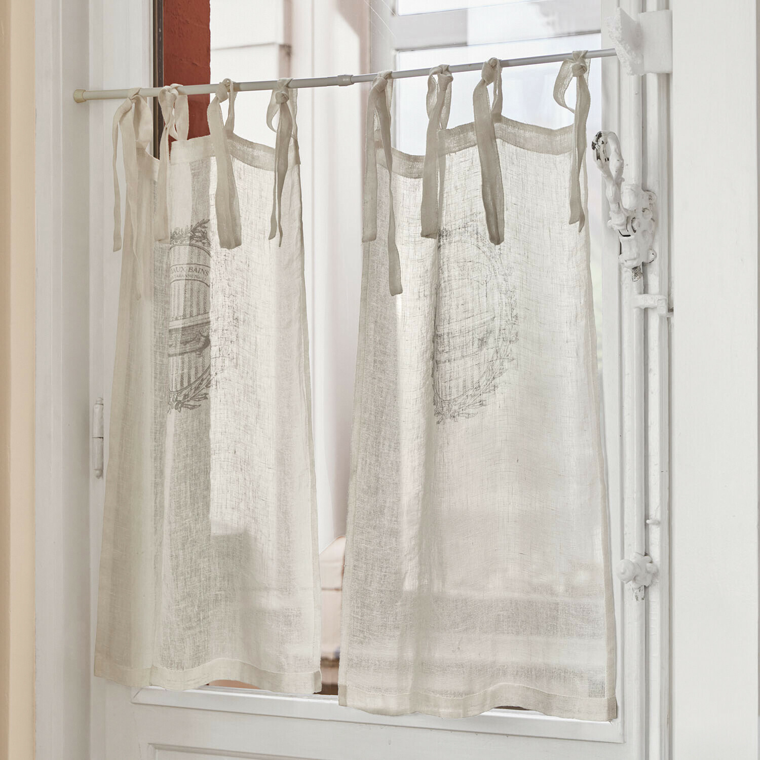 Visillo Isorelle Cortina beige de lino ligero con lazos, diseño decorativo, ideal para cocina o puerta