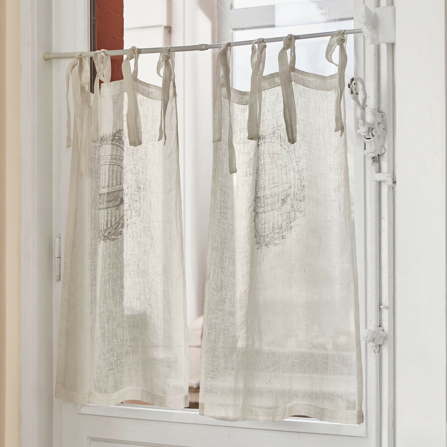 Visillo Isorelle Cortina beige de lino ligero con lazos, diseño decorativo, ideal para cocina o puerta