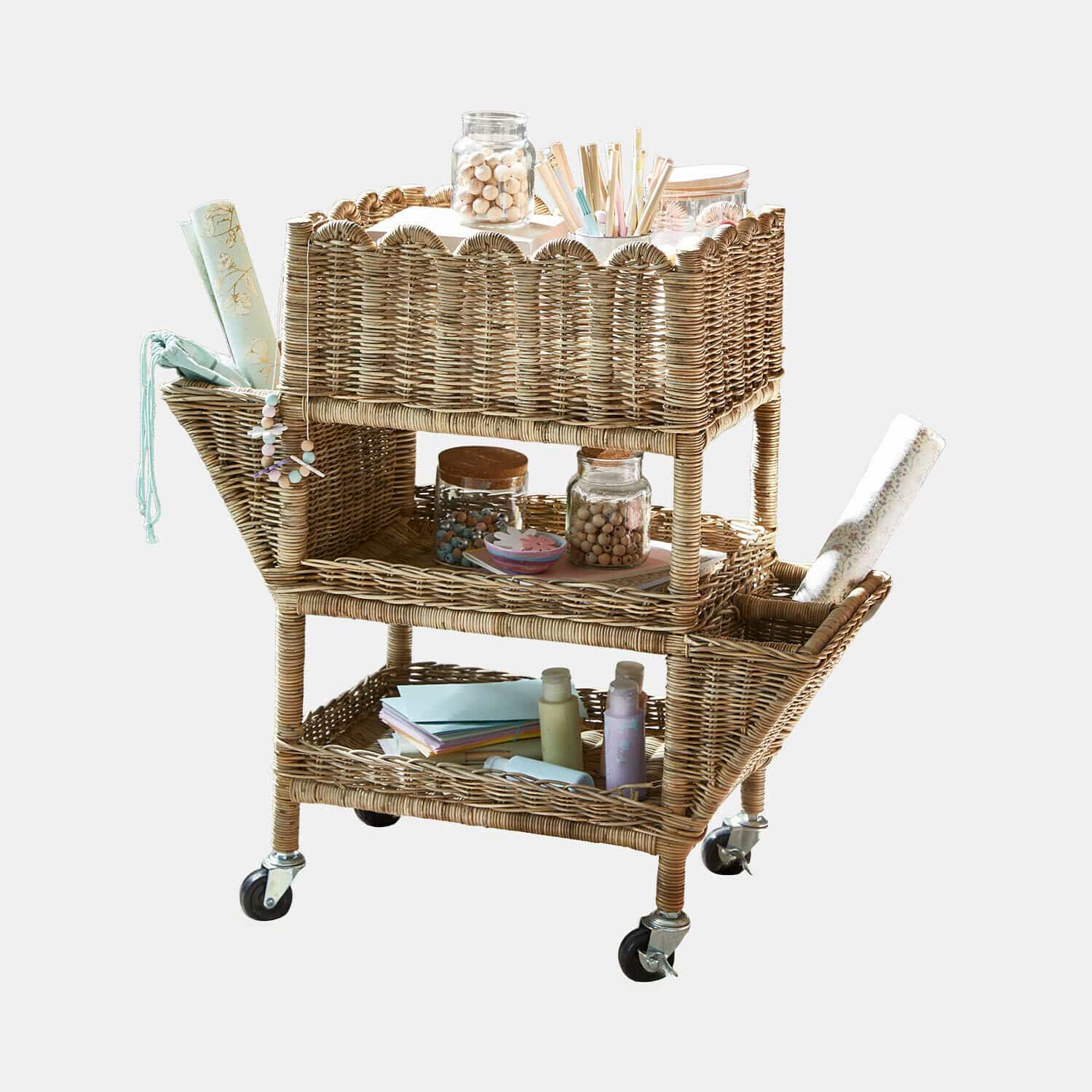 Carrito infantil Sannilo Carrito de ratán con ruedas, tres estantes y compartimentos laterales para guardar artículos de oficina