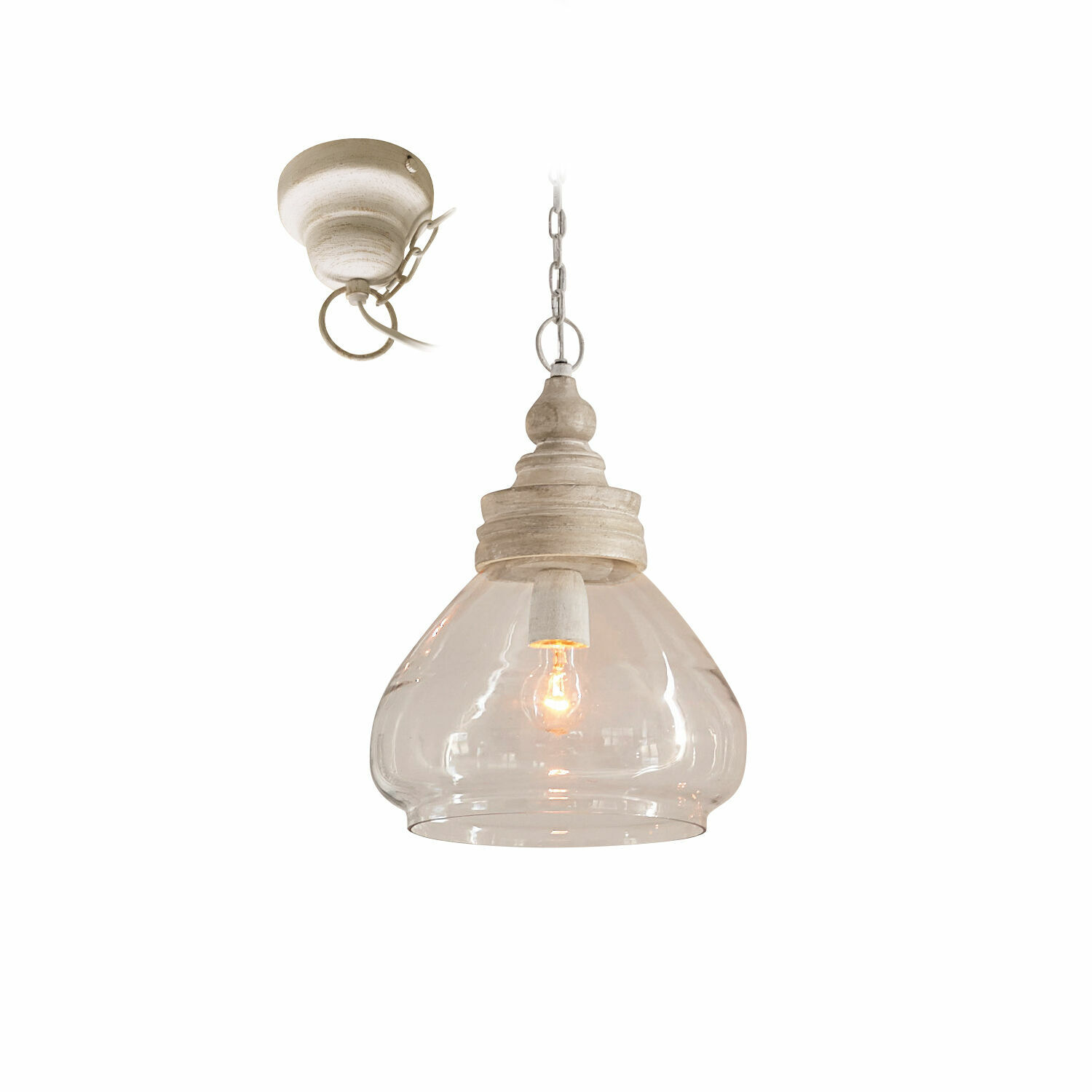 Lámpara colgante Pallu Lámpara colgante de vidrio transparente y madera blanca estilo vintage para iluminación interior