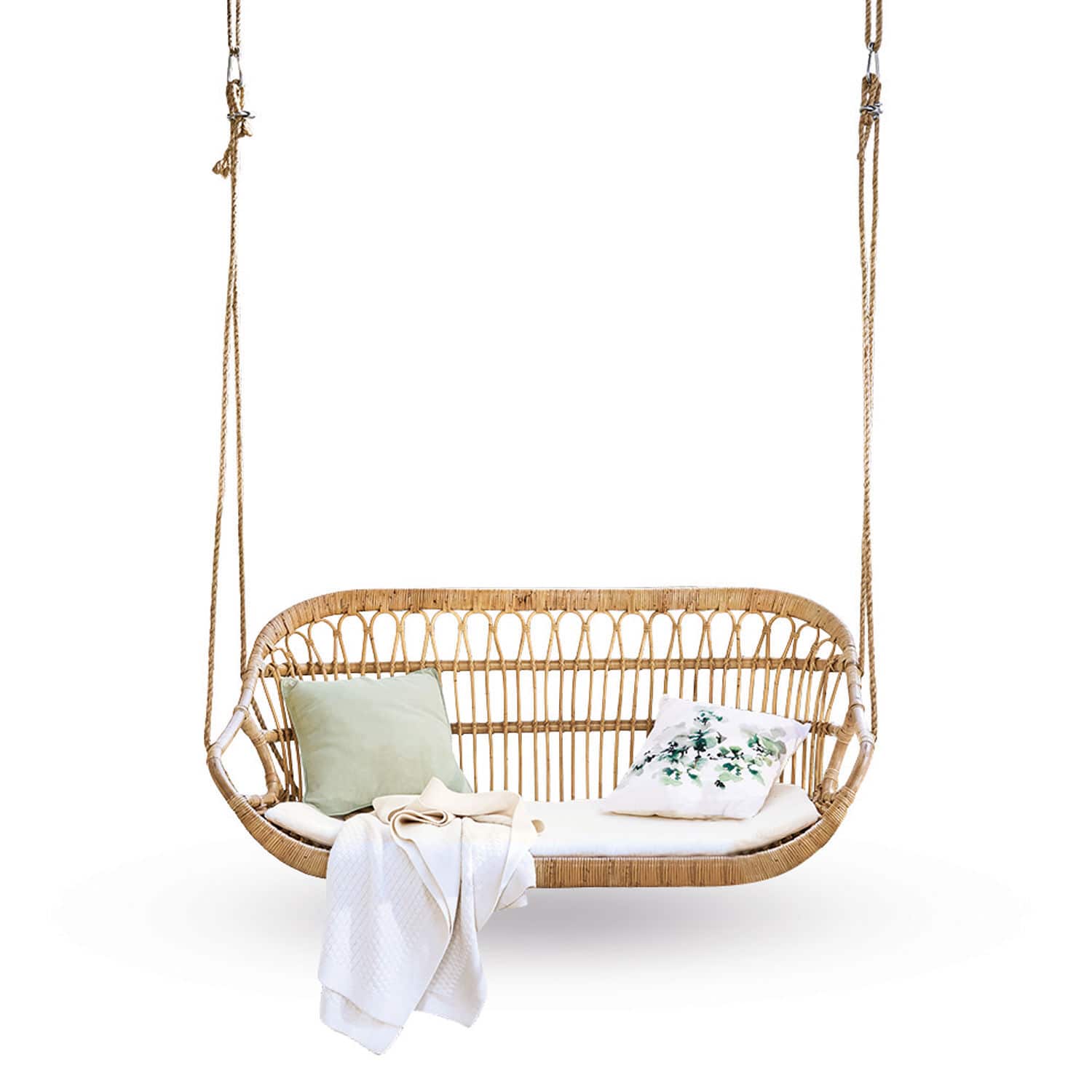 Banco colgante William Columpio de ratán natural con cojines y manta, mueble de jardín cómodo para relajarse