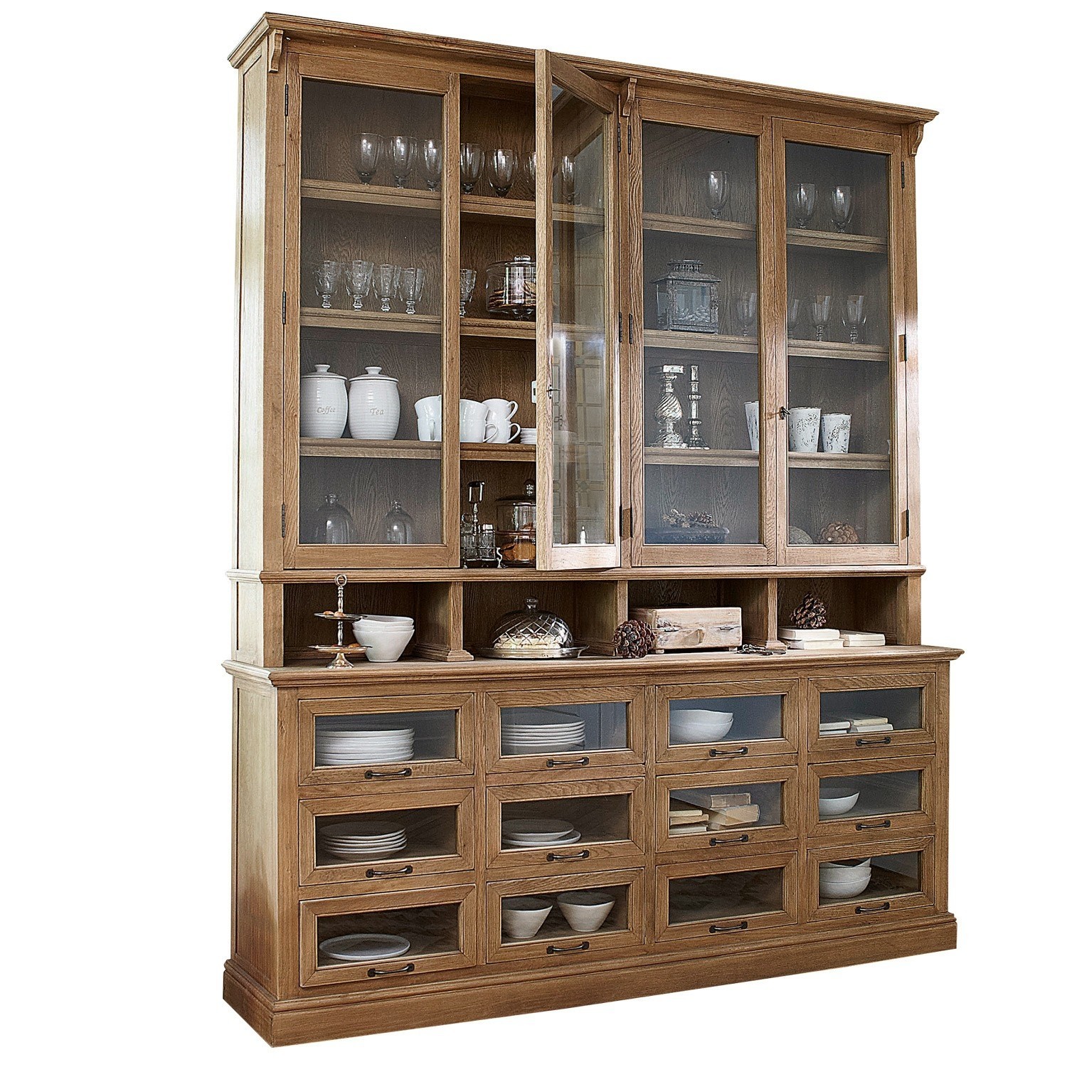 Armario Juillac Gran vitrina de madera con puertas de cristal y cajones para vajilla y decoración