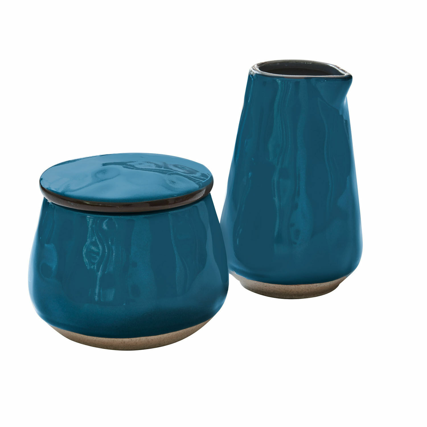 Juego de azucarero y jarra de leche de cerámica azul con base natural para cocina