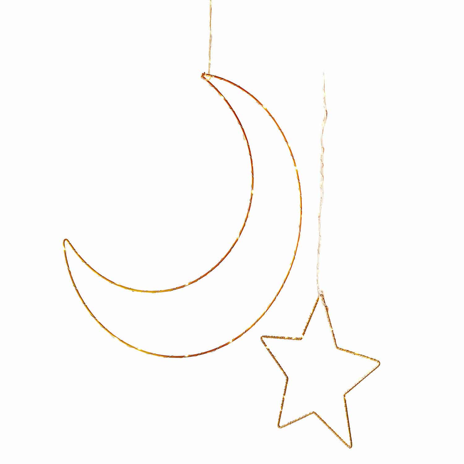 Juego de 2 luces LED decorativas Padden Luces decorativas colgantes en forma de luna y estrella con luz LED cálida