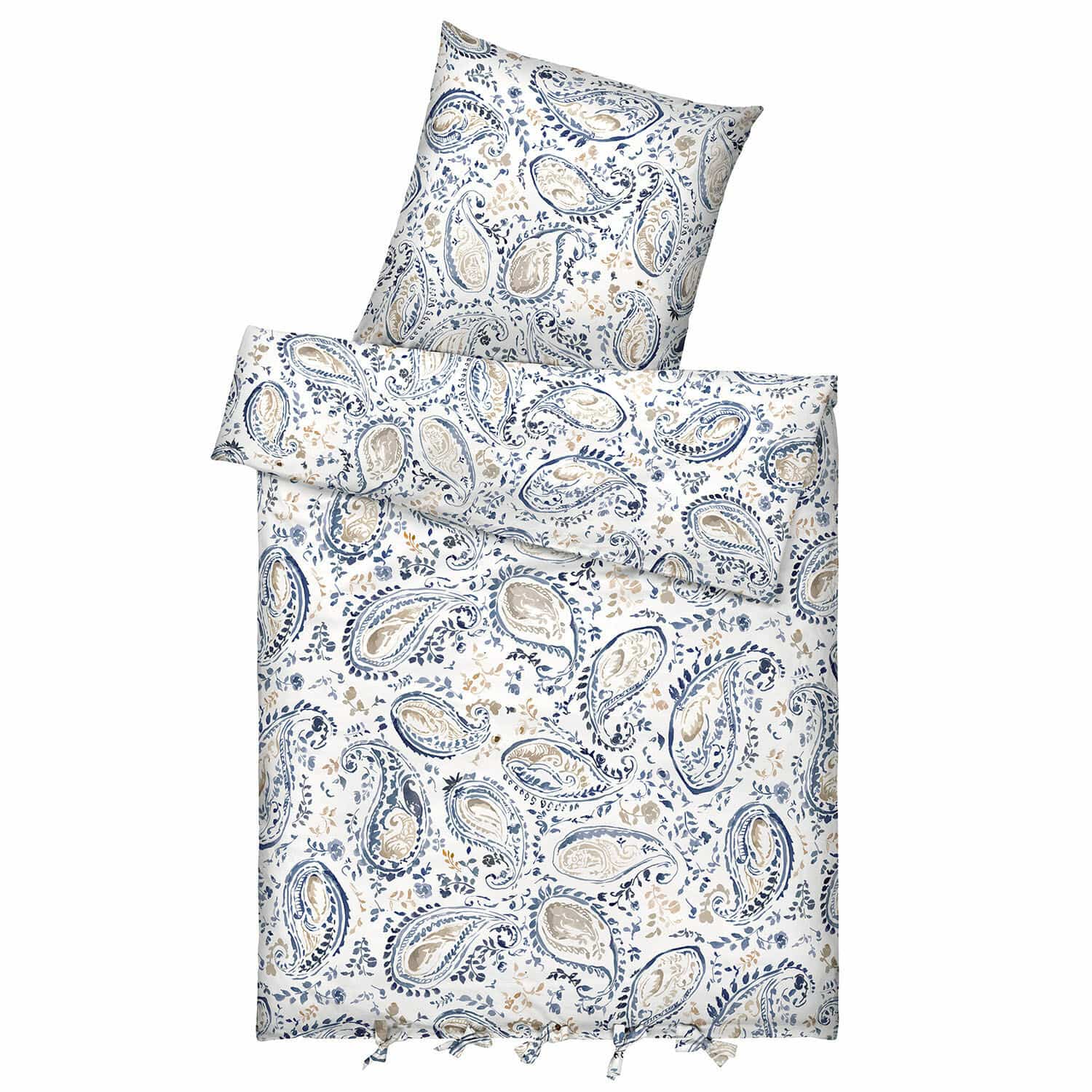 Ropa de cama Le Perron Ropa de cama de algodón con diseño paisley azul y beige sobre fondo blanco, suave y decorativa