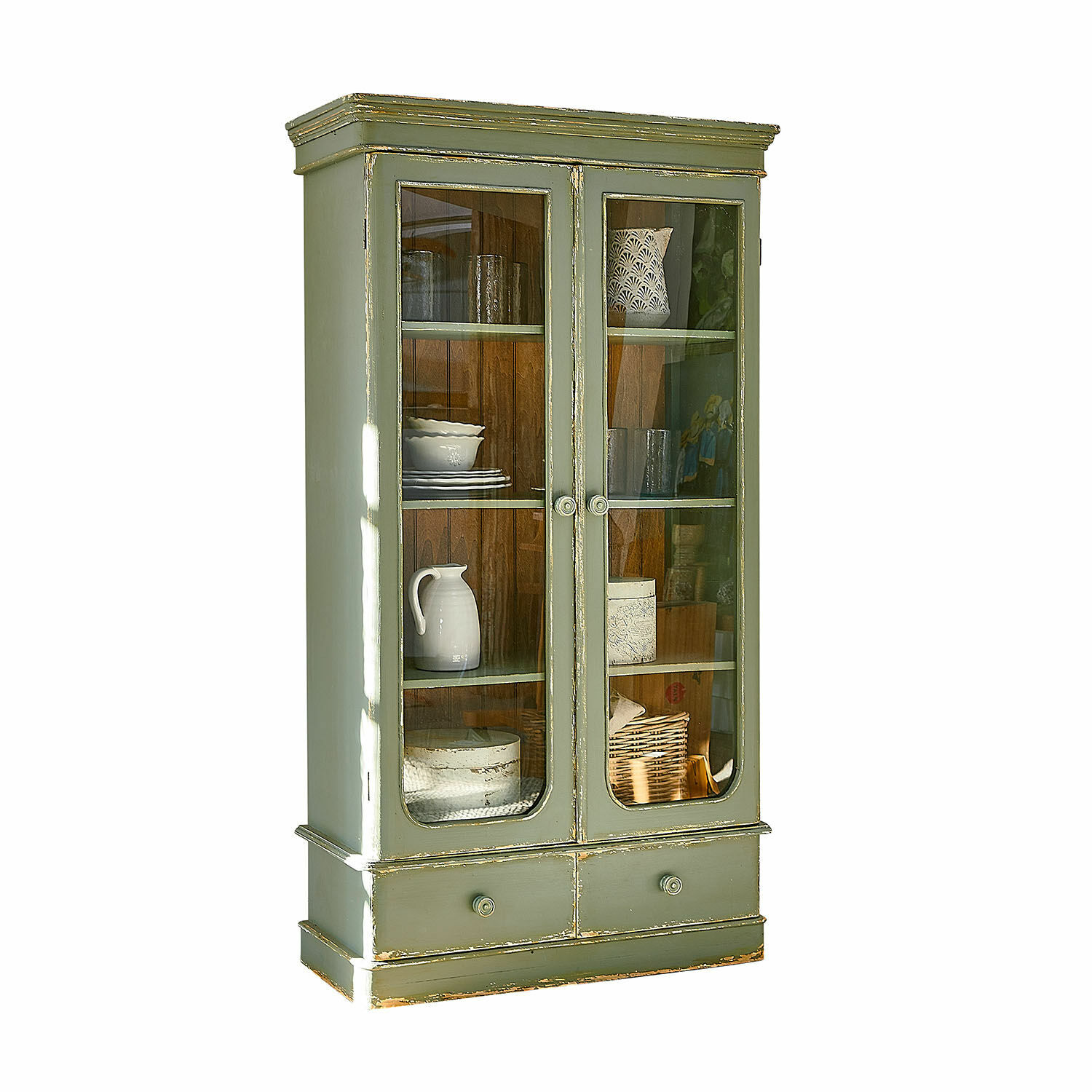 Armario Cassanet Vitrina de madera verde con puertas de cristal y cajones para almacenamiento en sala