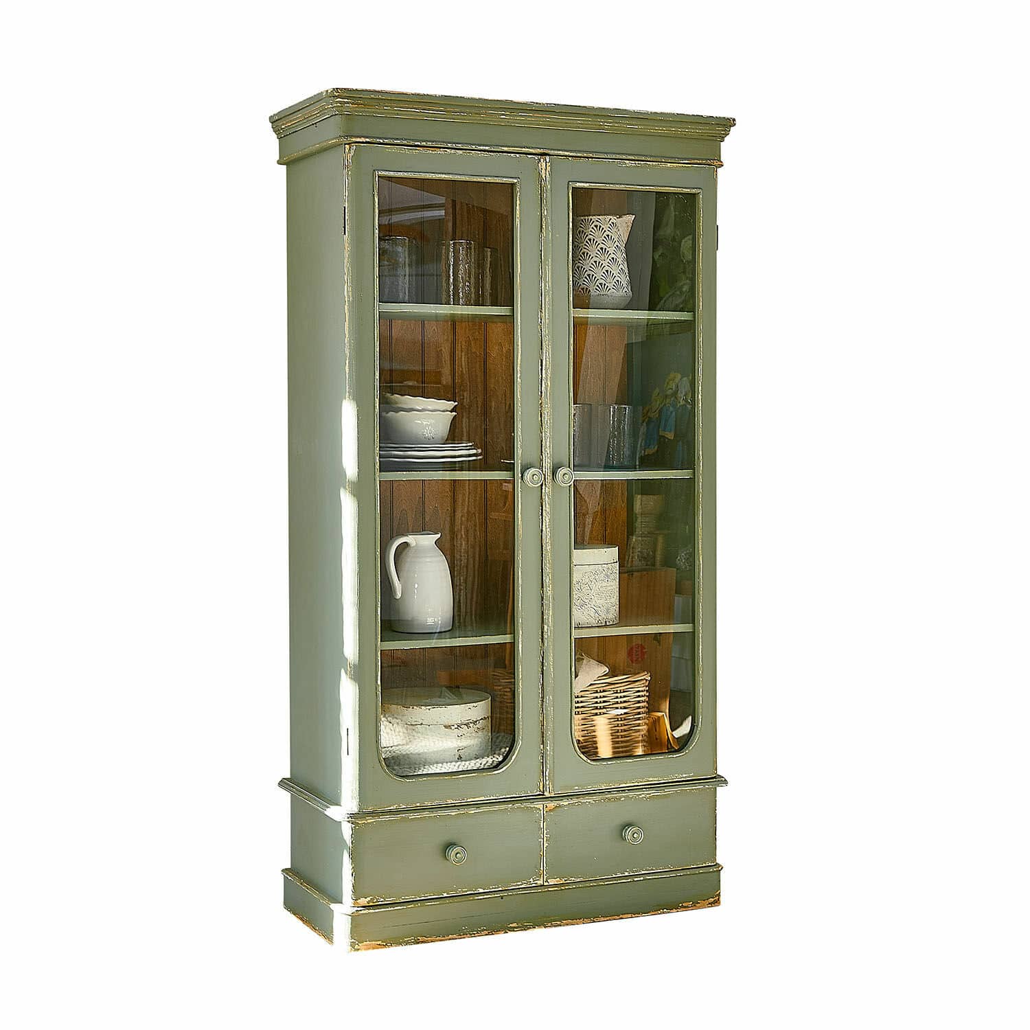 Armario Cassanet Vitrina de madera verde con puertas de cristal y cajones para almacenamiento en sala