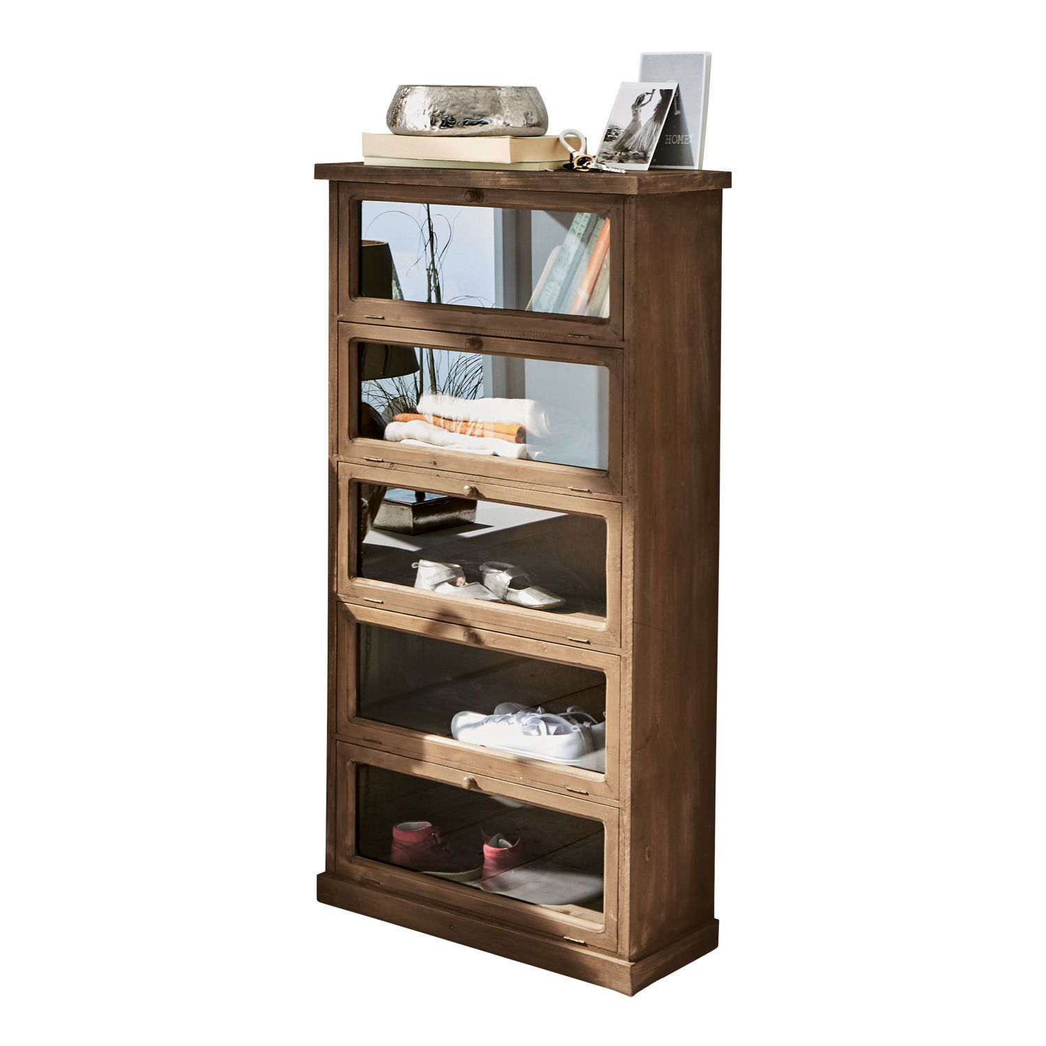 Cómoda Houghton Zapatero de madera marrón con cinco compartimentos con puertas de cristal para organizar calzado