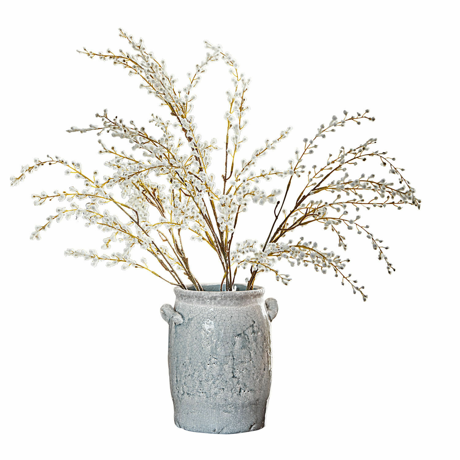 Set de 3 ramas decorativas Palmyra Jarrón de cerámica gris con ramas de amentos blancos para decoración interior