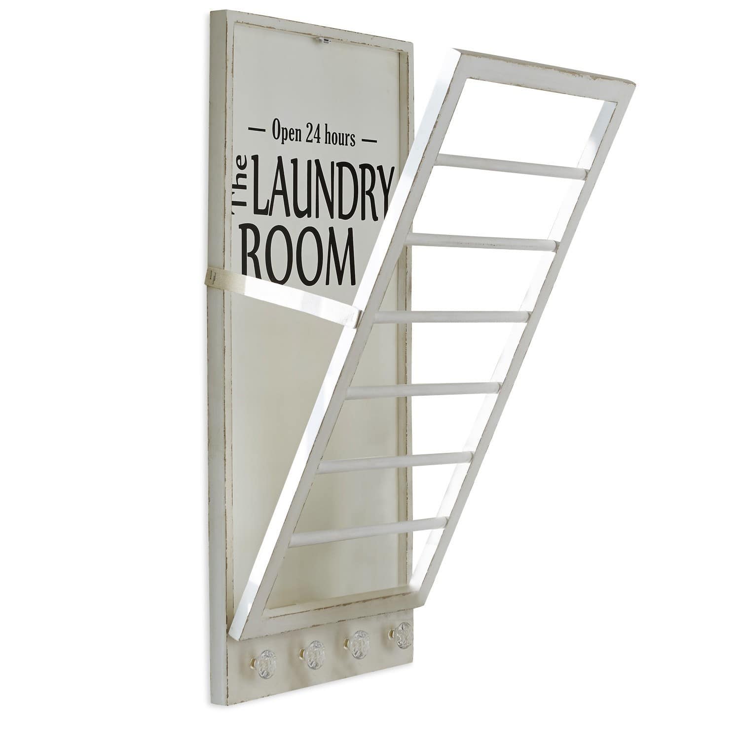 Toallero Laundry Room Perchero de madera blanco con texto Laundry Room y rejilla metálica para secar ropa