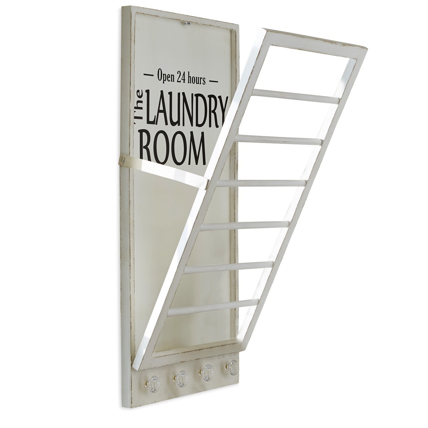 Toallero Laundry Room Perchero de madera blanco con texto Laundry Room y rejilla metálica para secar ropa