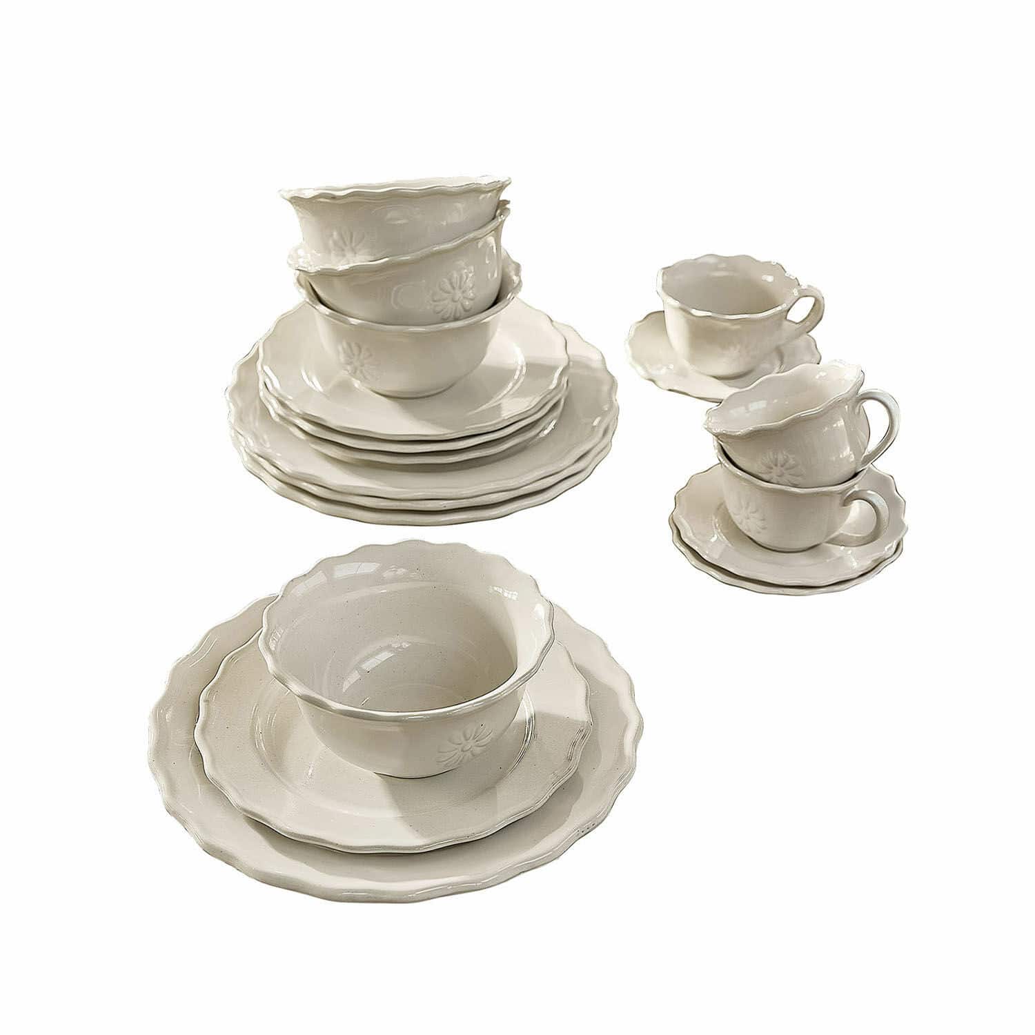 Set de 30 piezas de vajilla Mallevesse Juego de vajilla de cerámica blanca con cuencos y tazas con delicado diseño floral