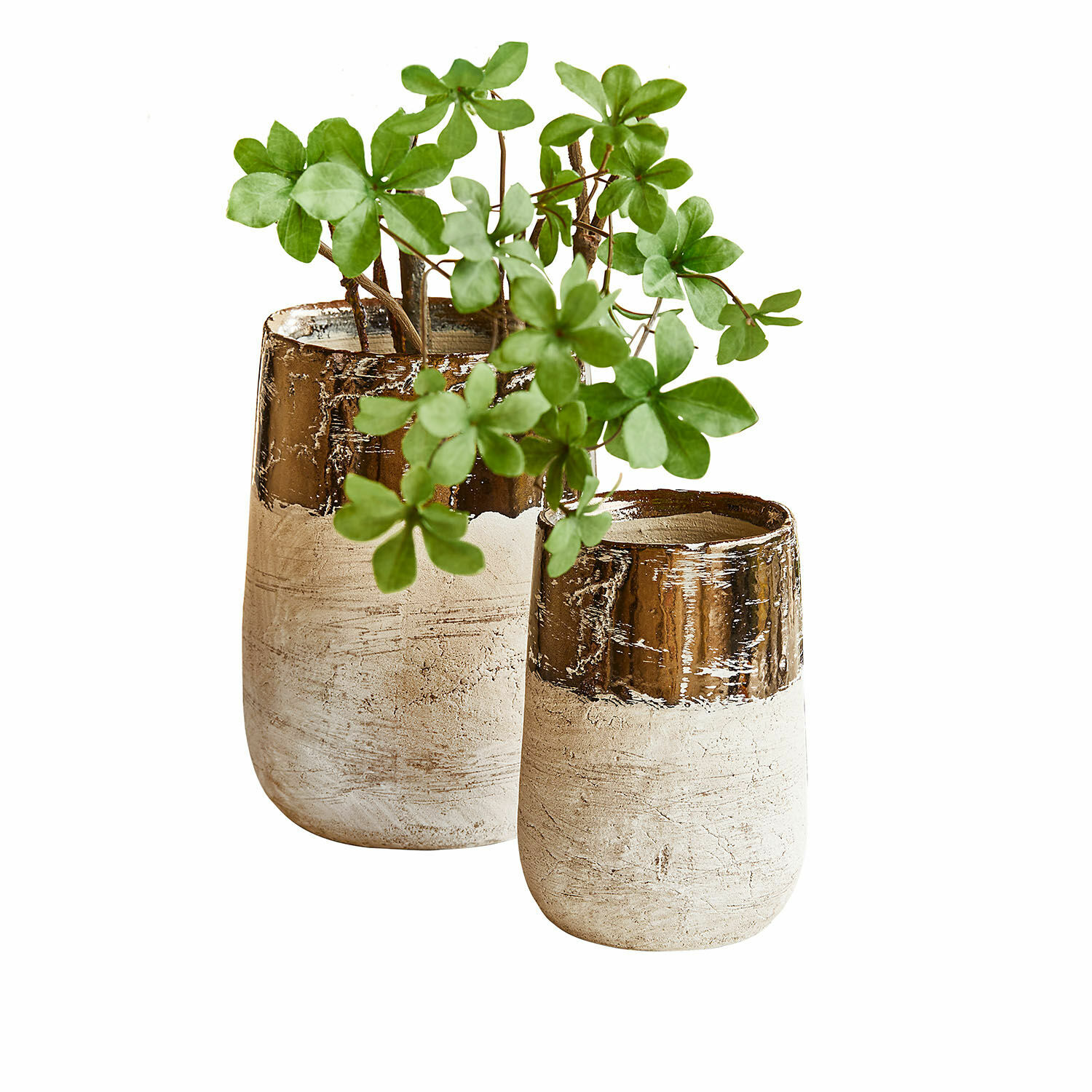 Set de 2 jarrones Hafira Conjunto de dos macetas de cerámica beige y marrón con plantas verdes para decoración interior