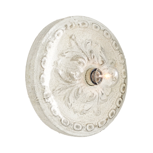 Lámpara de pared redonda blanca de cerámica con diseño decorativo y bombilla visible, luz de pared vintage