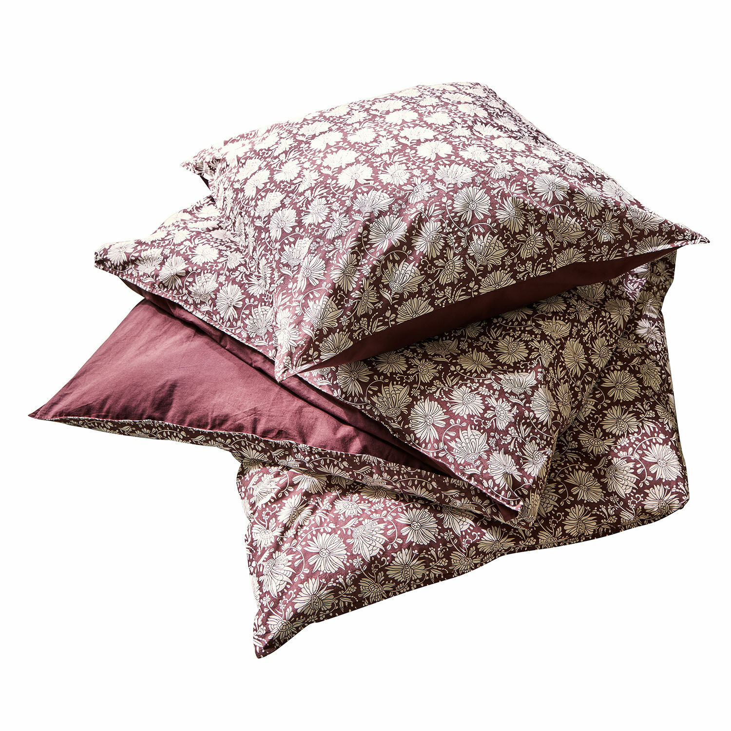 Juego de ropa de cama de algodón burdeos con diseño floral blanco, suave y elegante