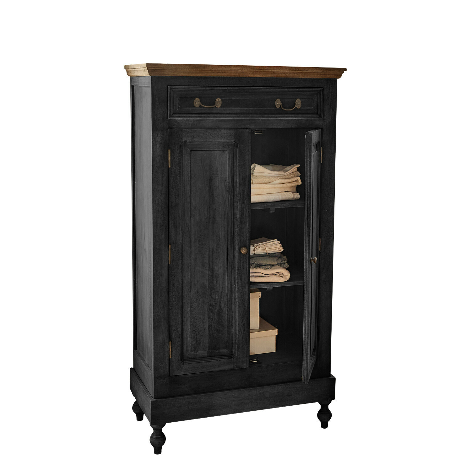negro Armario Bortoni negro de madera con encimera marrón y estantes para ropa doblada, mueble de almacenamiento