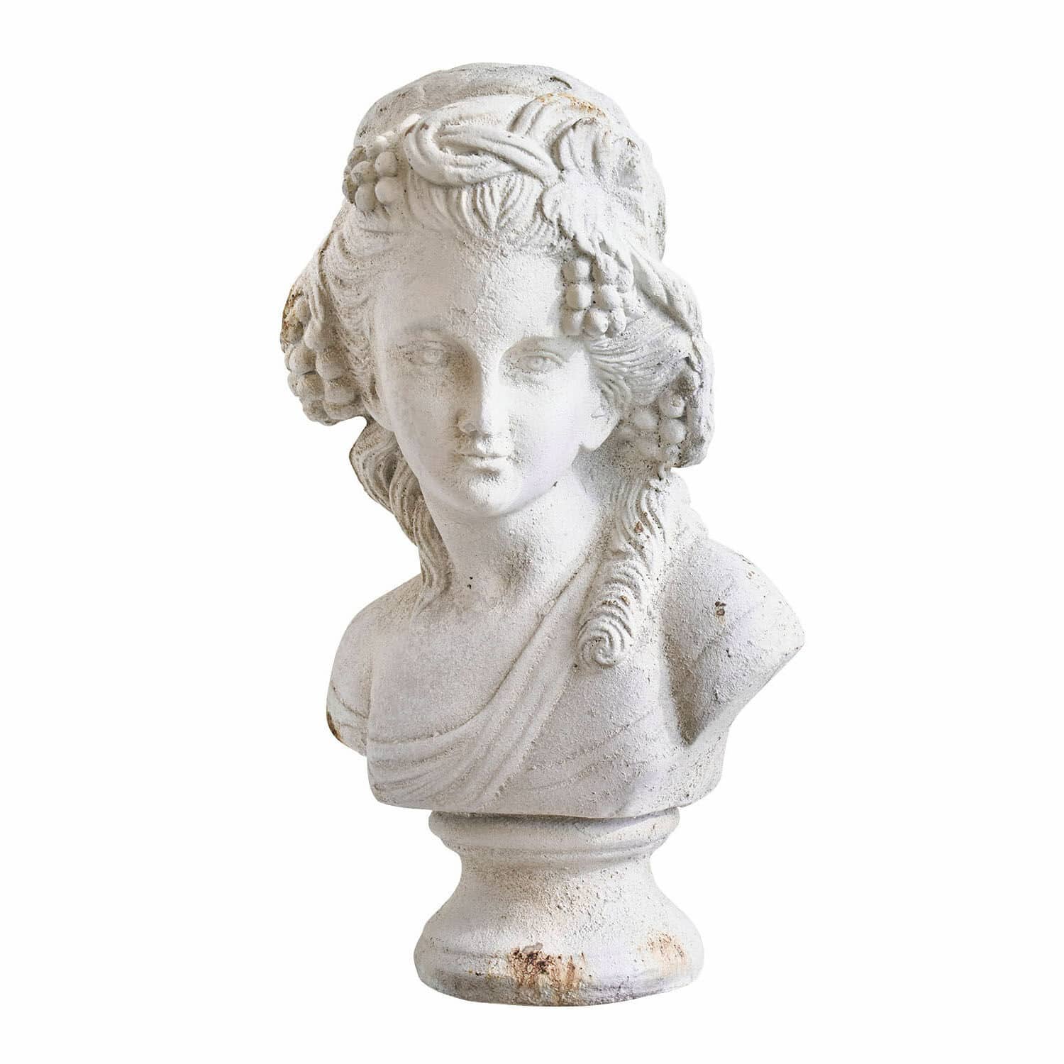 Busto Sanoria Busto blanco de piedra con detalles de hojas y uvas, decoración clásica para jardín