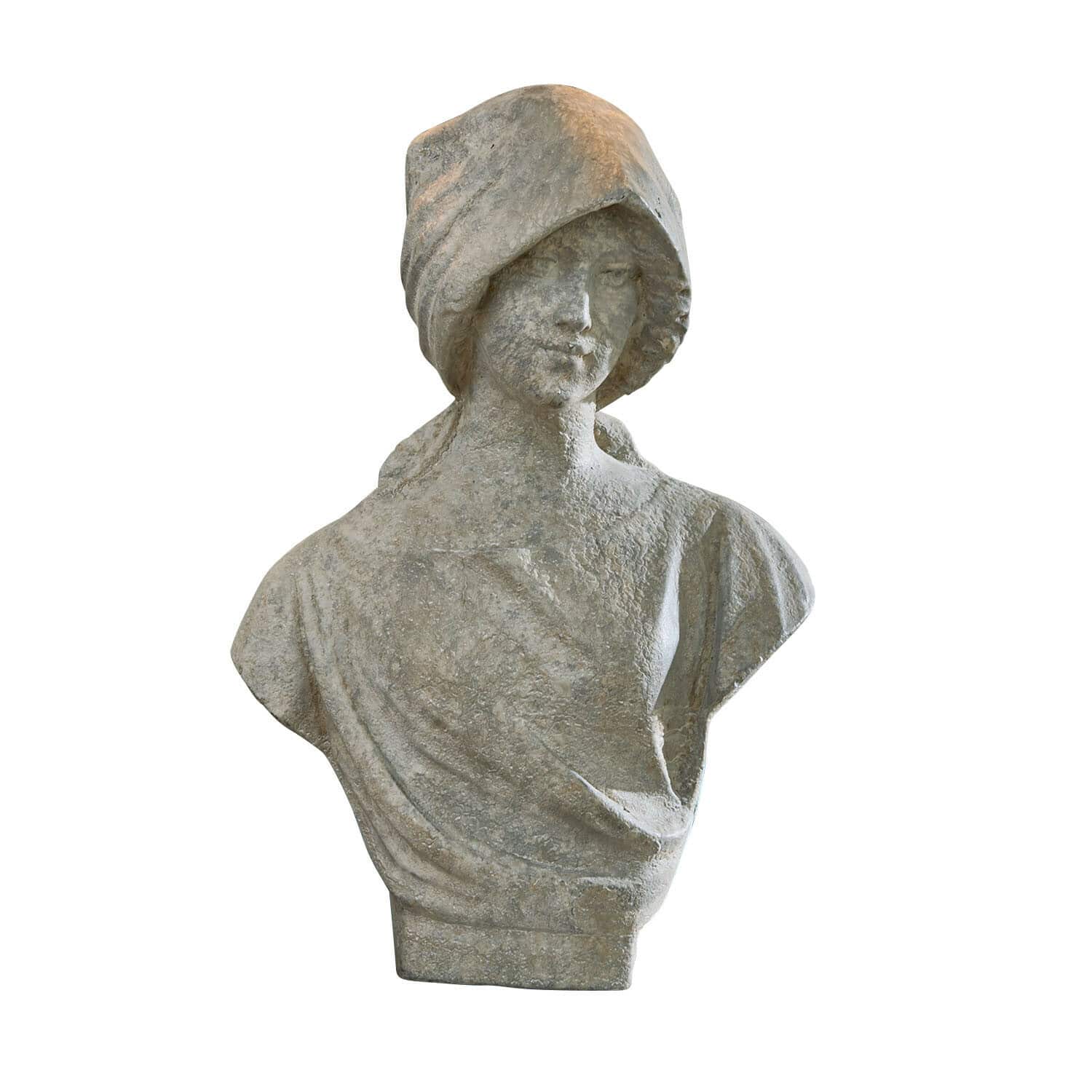 Busto Mireline Busto de mujer en piedra gris con capucha y túnica, decoración clásica para interiores