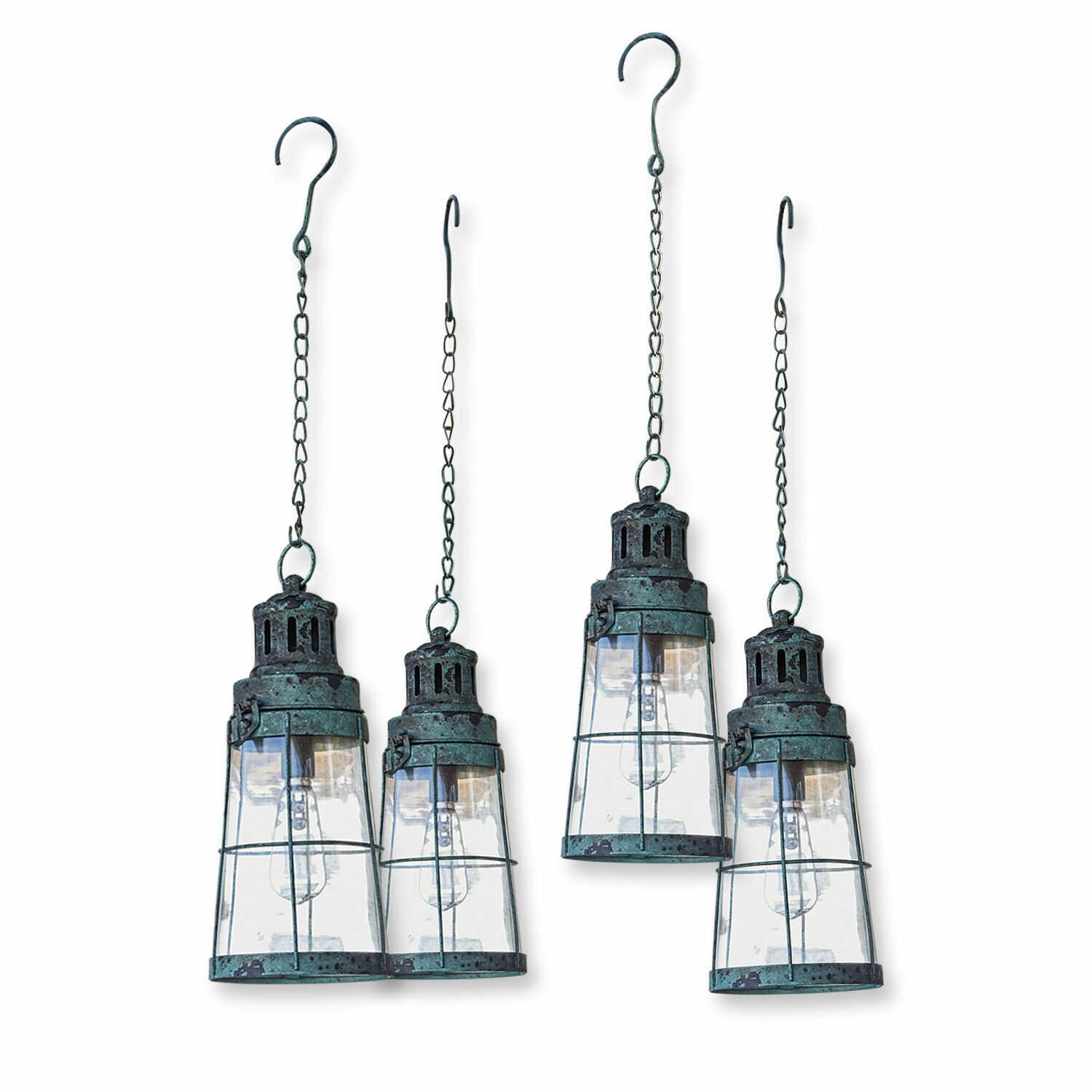 Set de 4 faroles LED Ligrette verde antiguo de metal y vidrio para decoración interior y exterior