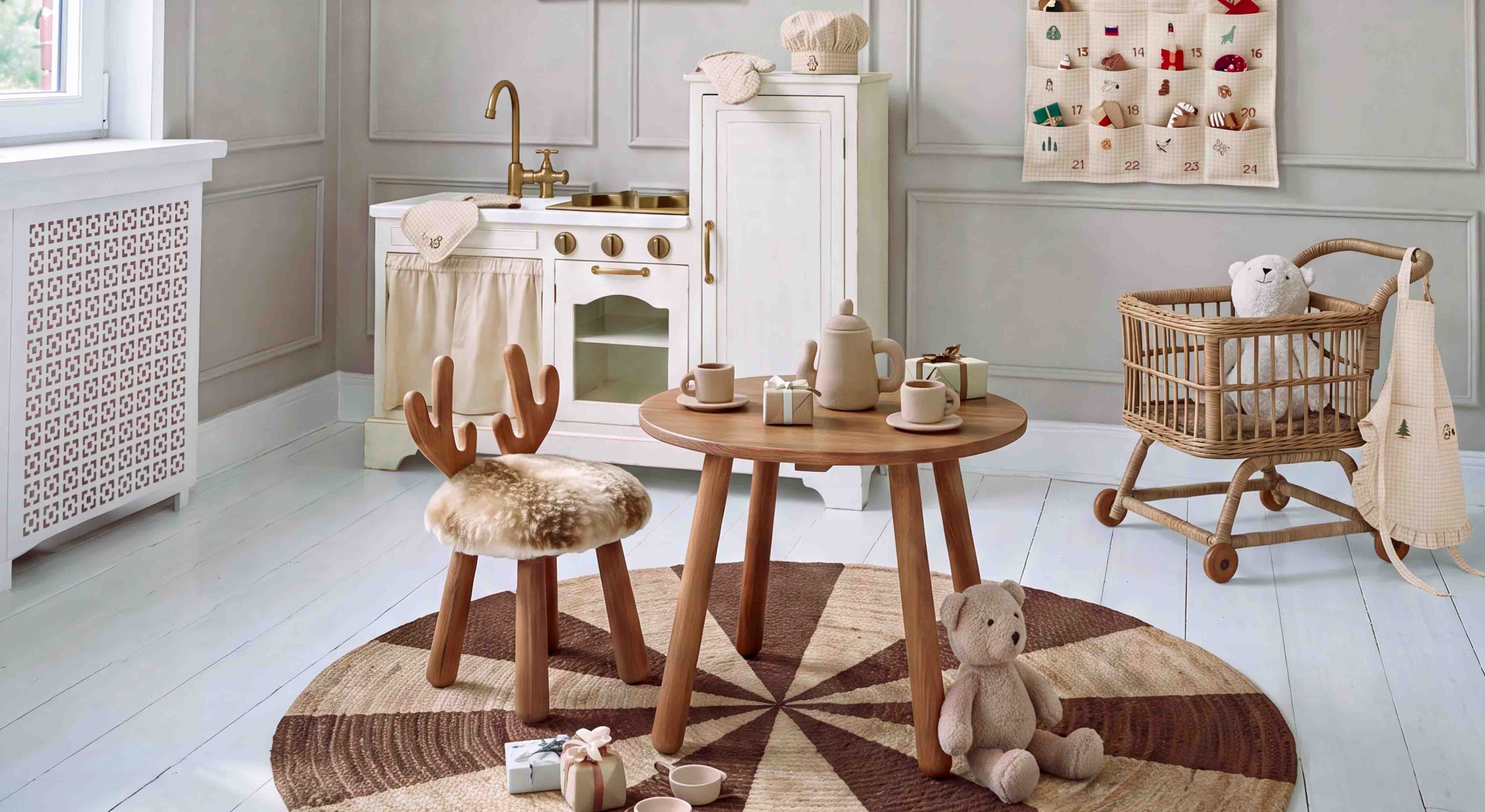 Mesa y silla de madera con asiento de piel en habitación infantil con juguetes y cocina de juguete