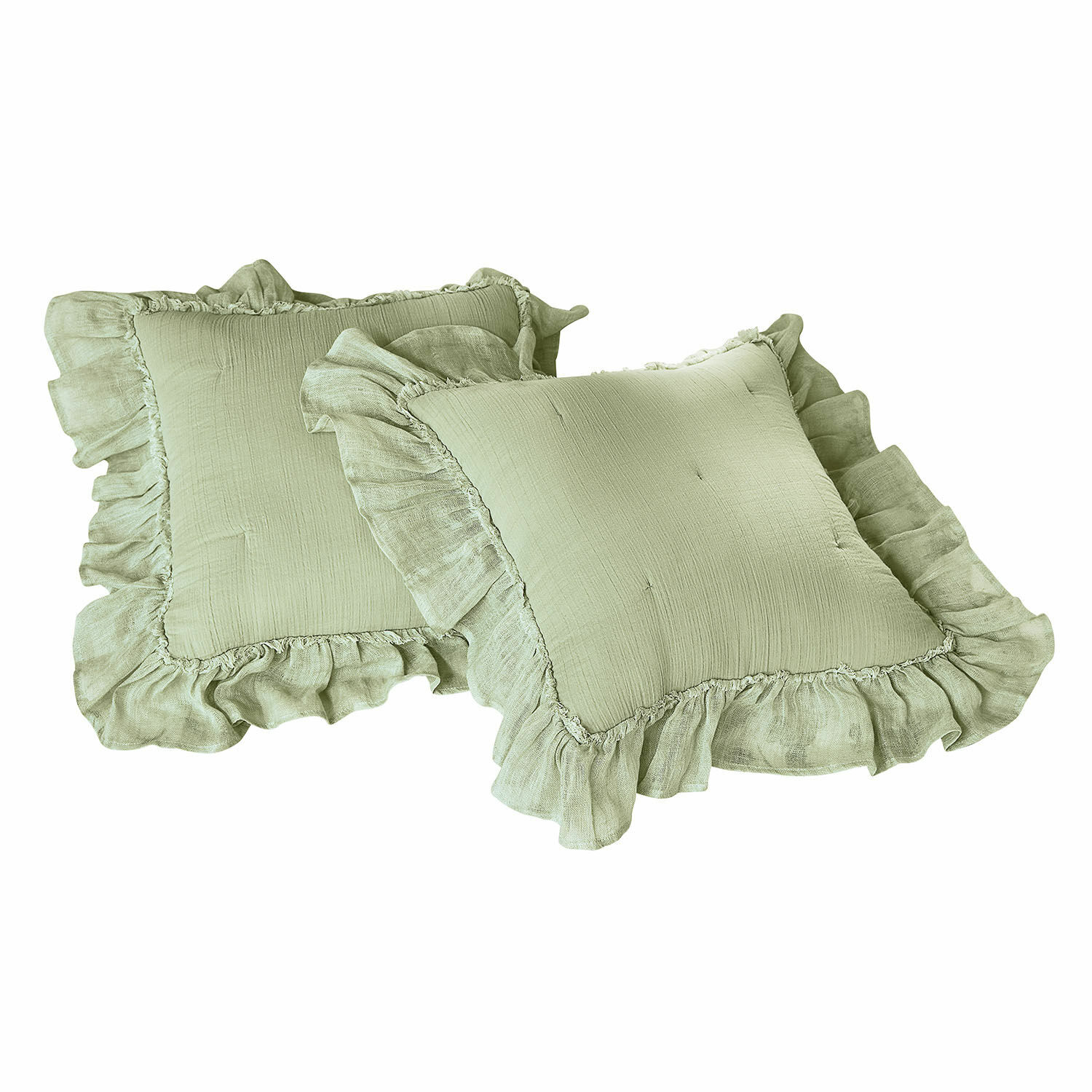 Conjunto de dos cojines verdes de lino con volantes, accesorio textil decorativo para salón