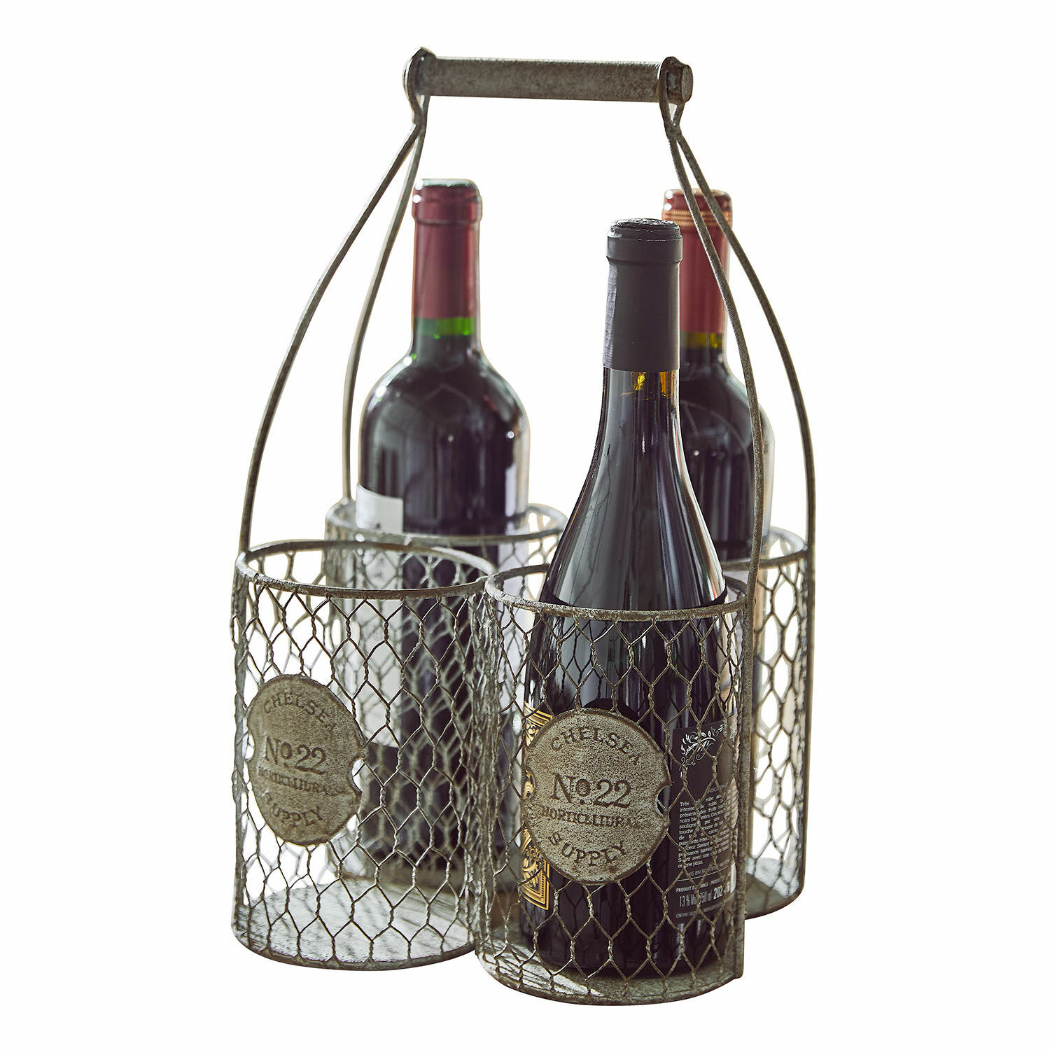 Portabotellas Alexandre Cesta metálica para 4 botellas de vino con asa, diseño rústico para almacenamiento y transporte