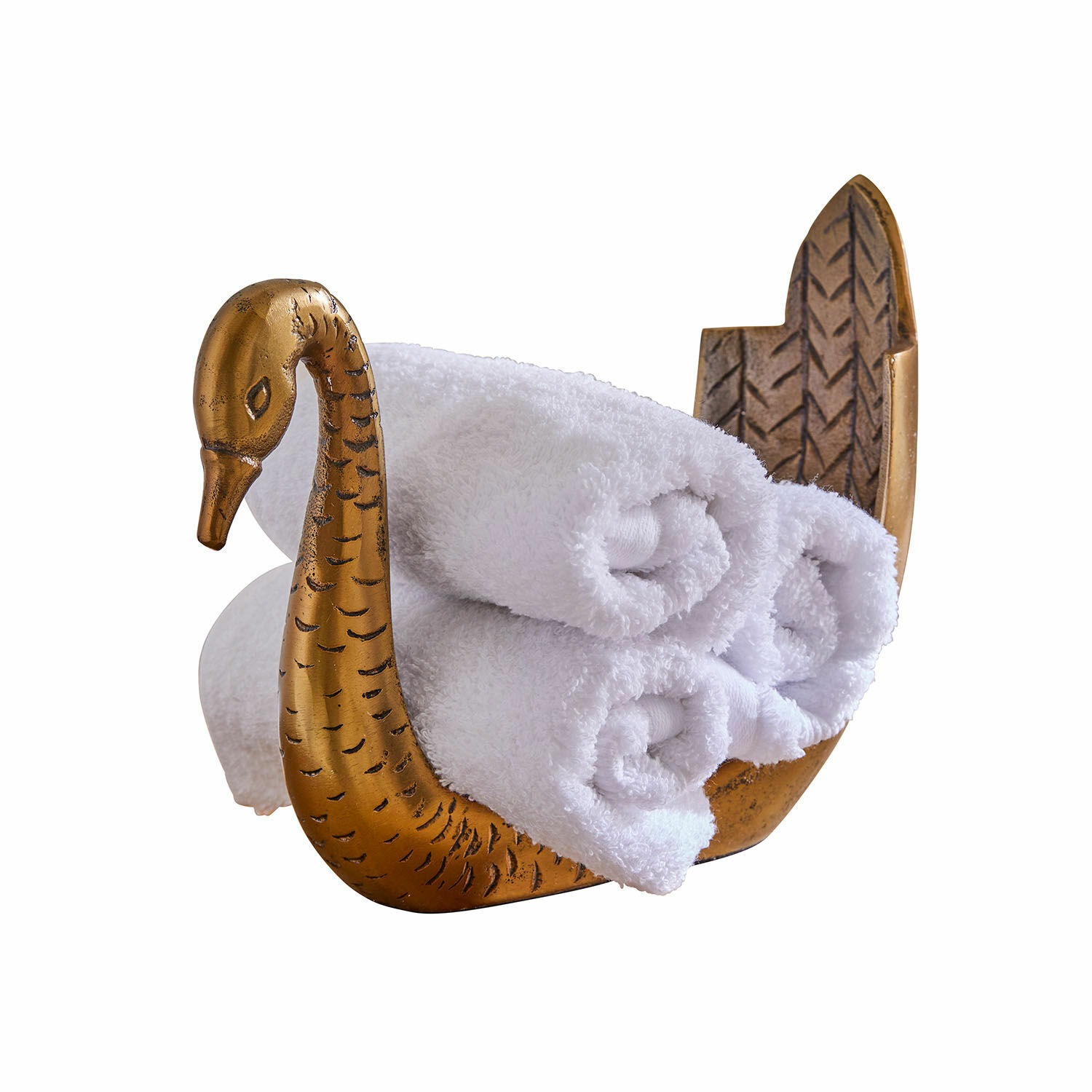 Porta toallas metálico dorado en forma de cisne con toallas blancas enrolladas, accesorio de baño