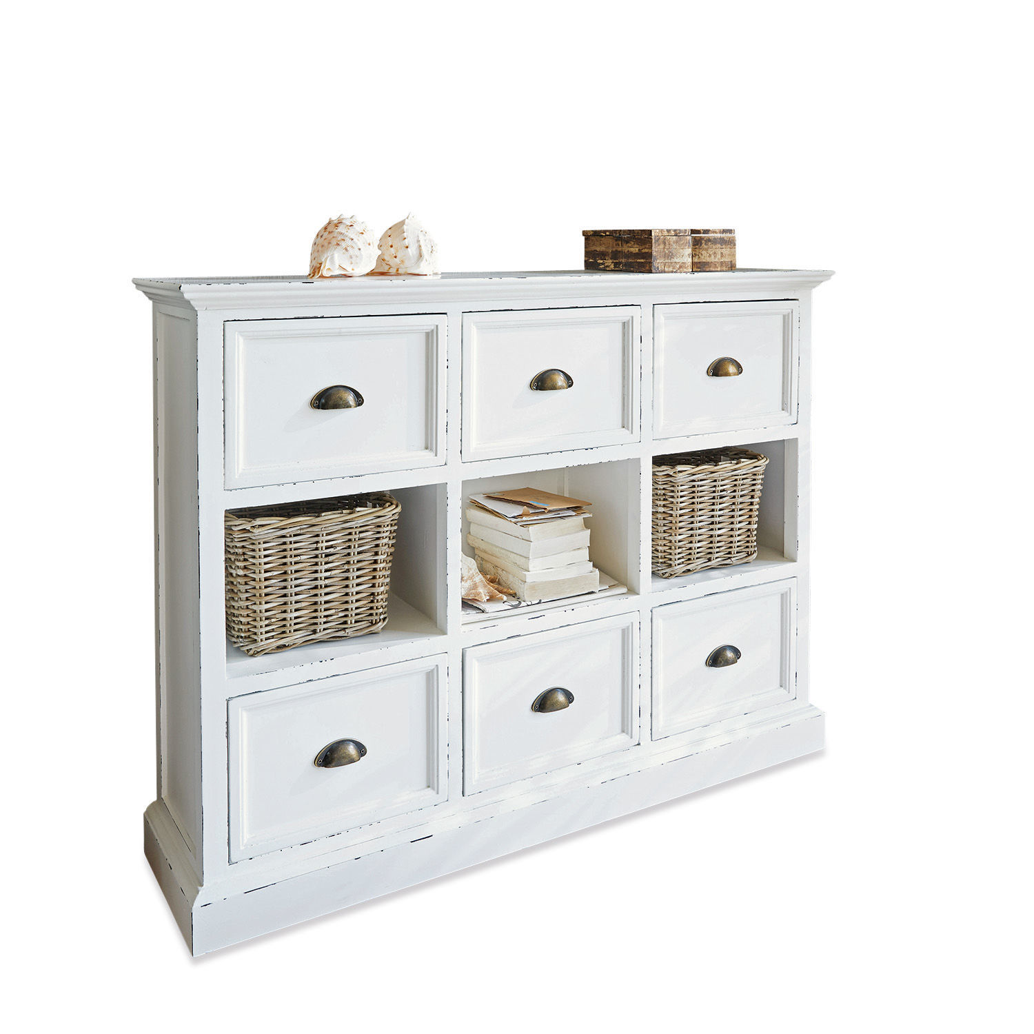 Cómoda Remilly Cómoda blanca de madera con seis cajones y tres estantes abiertos con cestas de mimbre