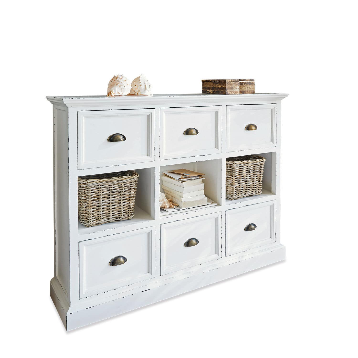 Cómoda Remilly Cómoda blanca de madera con seis cajones y tres estantes abiertos con cestas de mimbre
