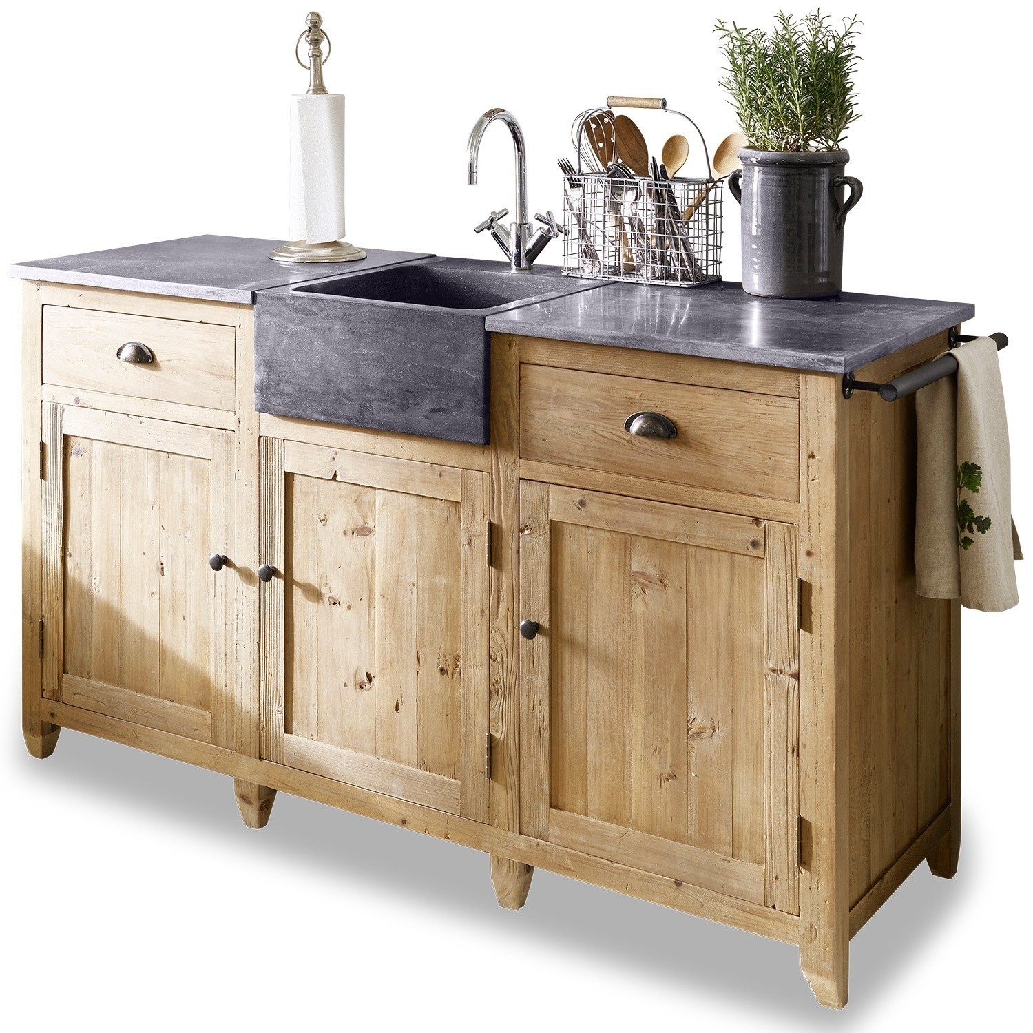 Fregadero Deaton Mueble de cocina de madera maciza con encimera de piedra gris y fregadero, práctico mueble de cocina